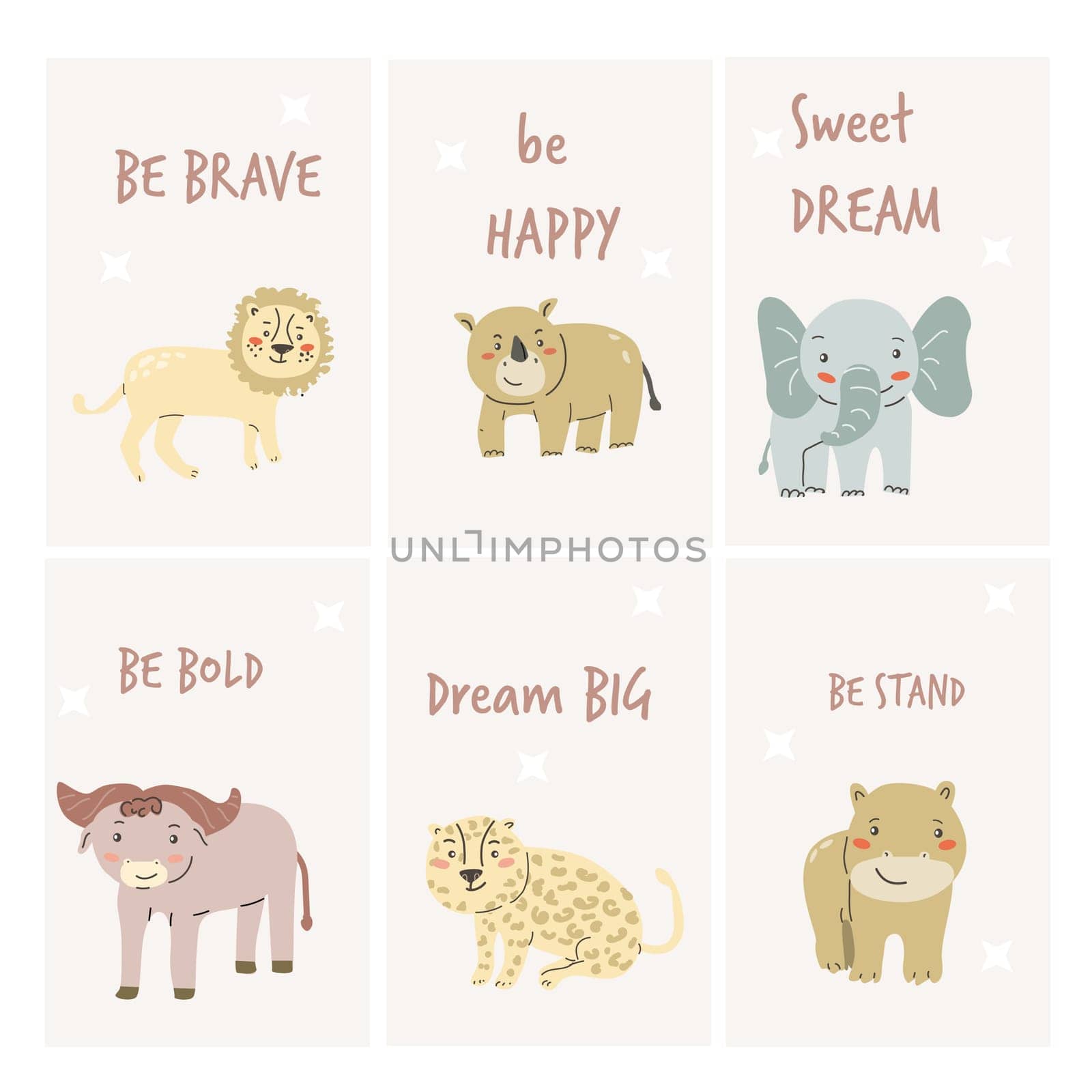 Childrens animals posters set. Nursery design. Cute baby african animals cards. Hand drawn wild pets posters collection.