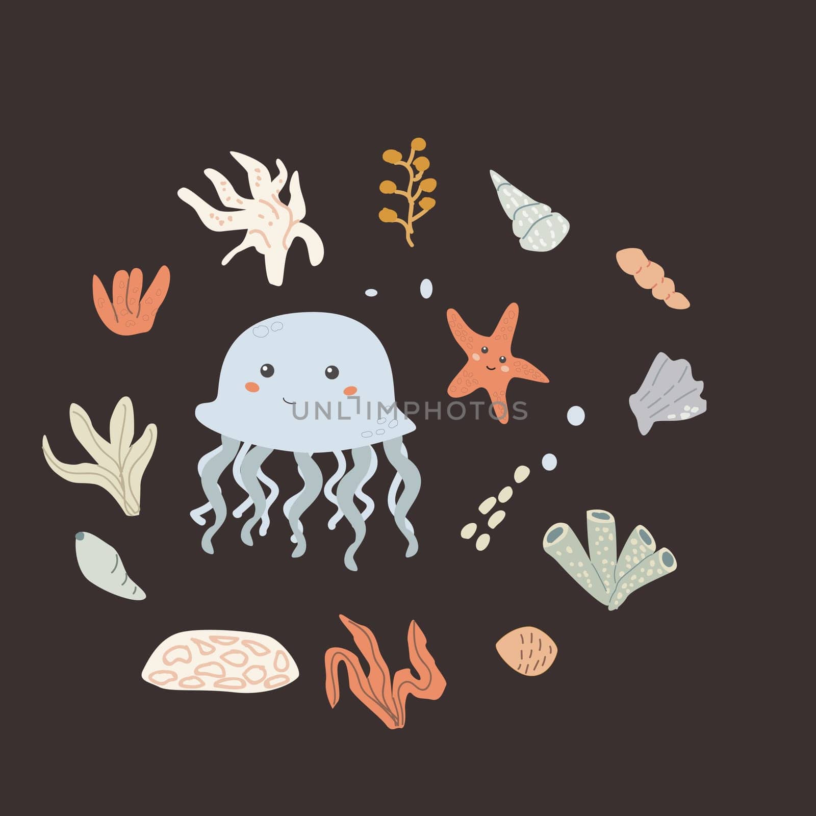 Childrens sea animal background with shell. Nautical elements card. Cute fish or ocean inhabitant with seaweed. Sea wild life, marine animals with plants for cover design, cloth