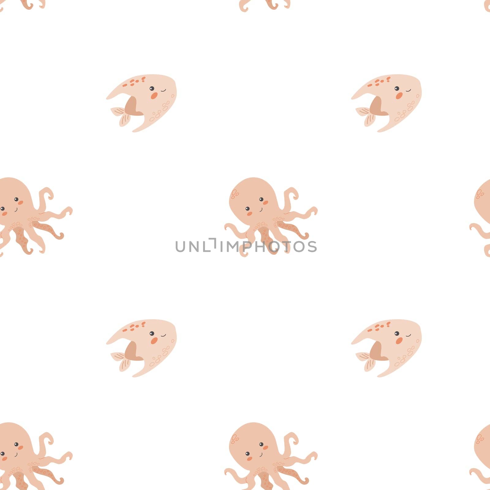 Childrens sea animals pattern, childish ocean marine life seamless background. Nursery baby animals print. Underwater inhabitants collection background for kids textile, clothes, wallpapers.