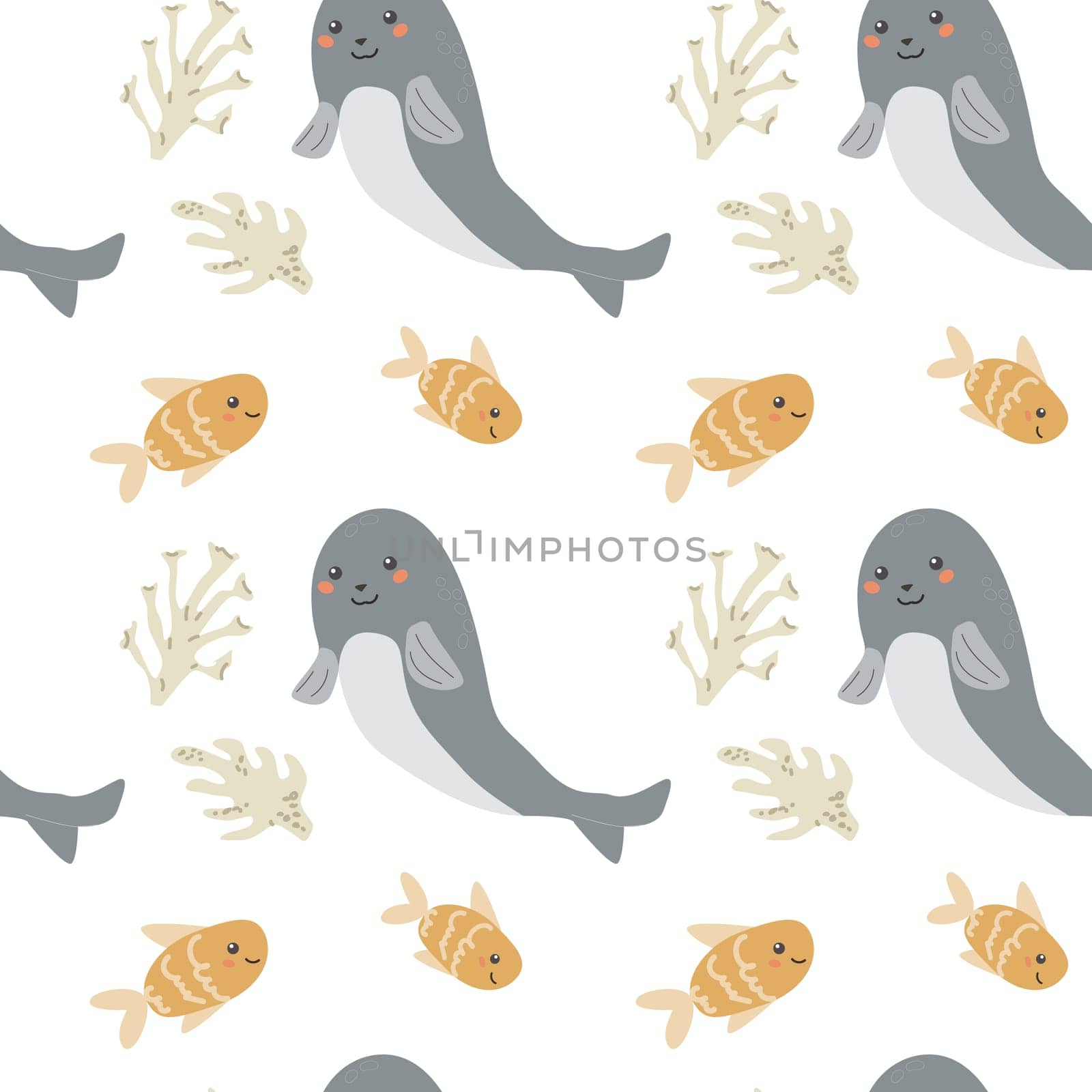 Childrens sea animals pattern, childish ocean marine life seamless background. Nursery baby animals print. Underwater inhabitants collection background for kids textile, clothes, wallpapers.