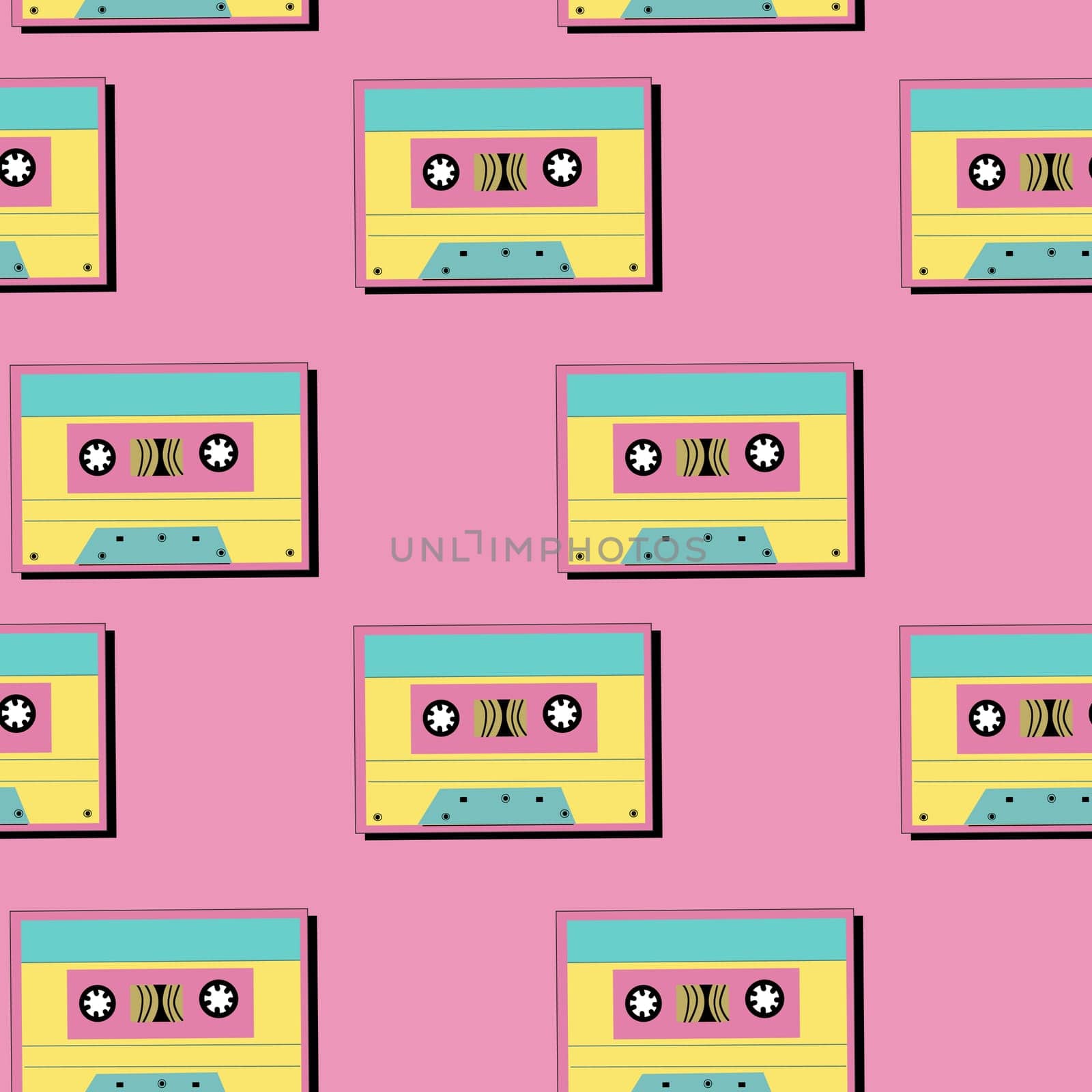 90s music background with audio equipment from 00s. Retro fashion seamless pattern with cassette. Geometry shapes and other 90s elements background.