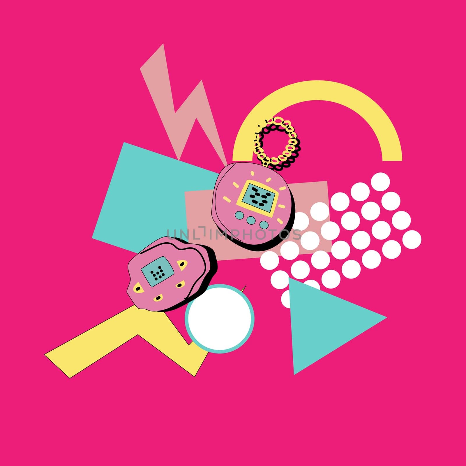 90s music background. Retro disco banner with y2k or 00s elements. Game or music equipment, laptop from 90s. Bright banner for social network.