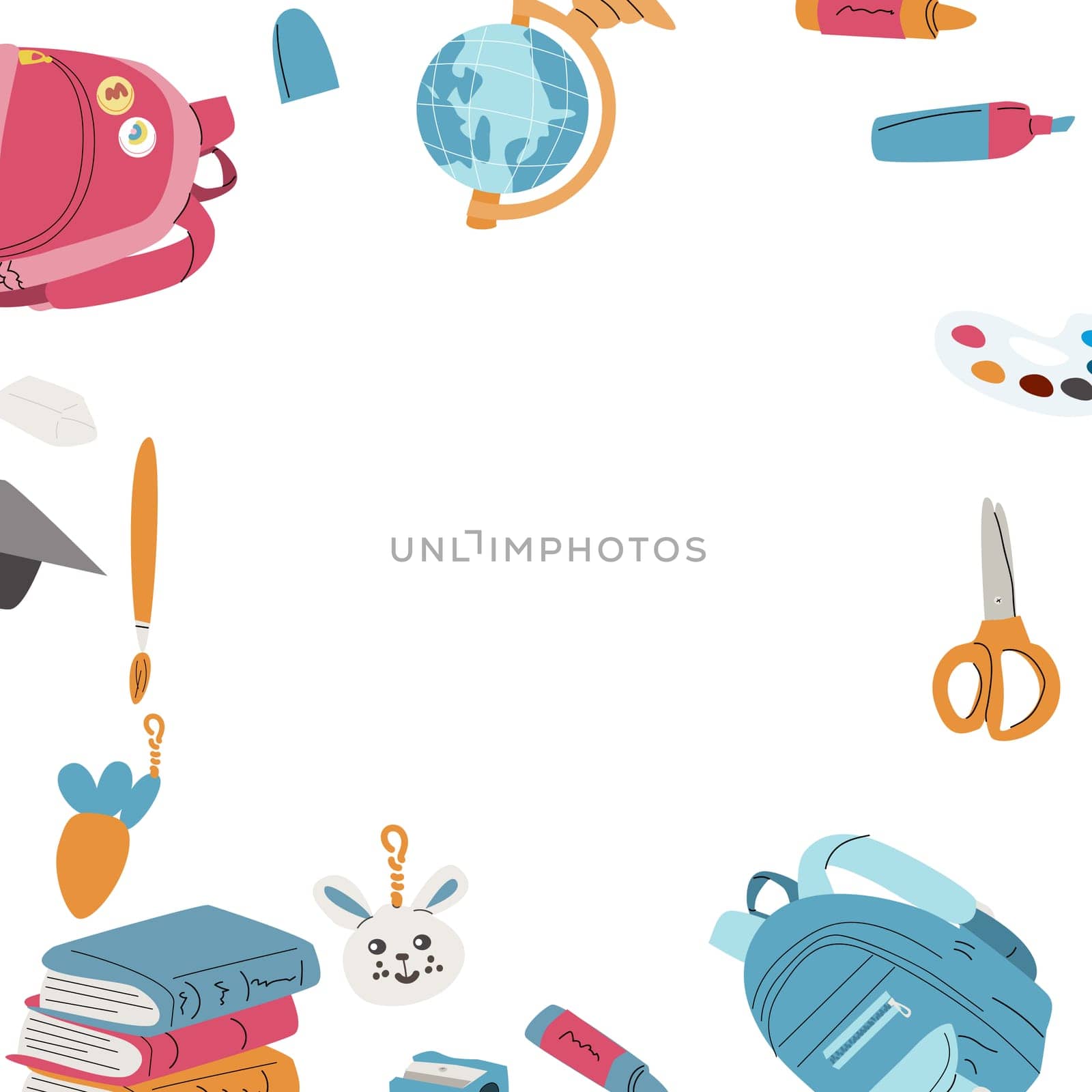 Back to school, kindergarten banner or frame. Children school elements, pencils background with copy space. Children supplies, cute design. Can used for poster, sale banner.