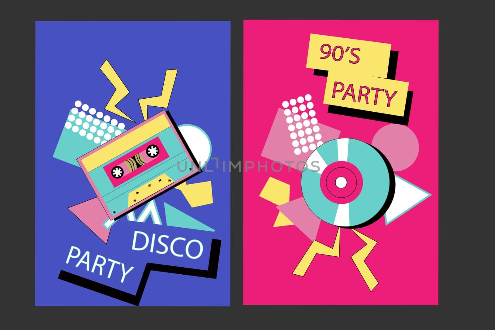 90s music background. Retro disco posters set with y2k or 00s elements. Game or music equipment, laptop from 90s. Bright background for social network.
