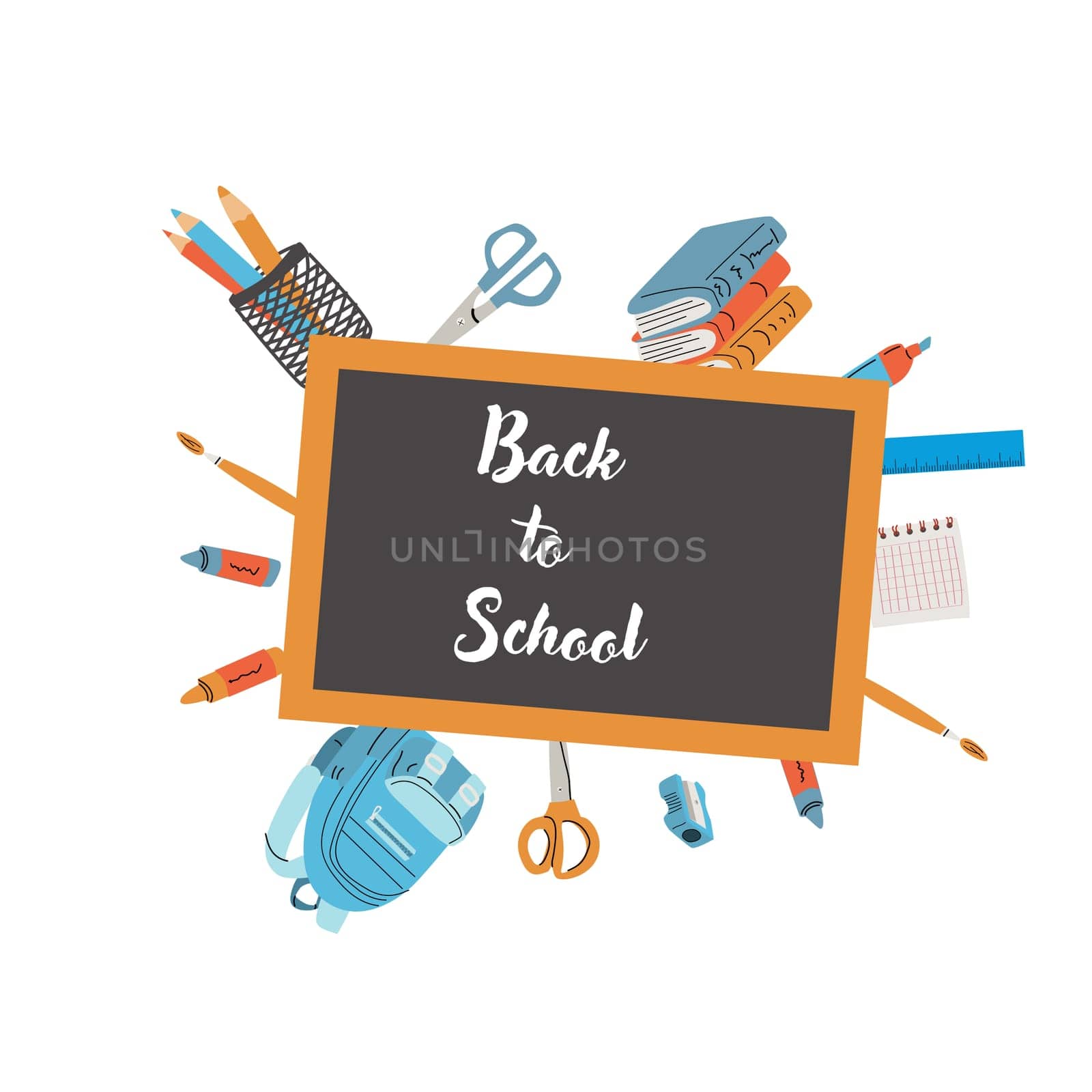 Back to school, kindergarten banner or frame. Children school elements, pencils background with copy space. Children supplies, cute design. Can used for poster, sale banner.
