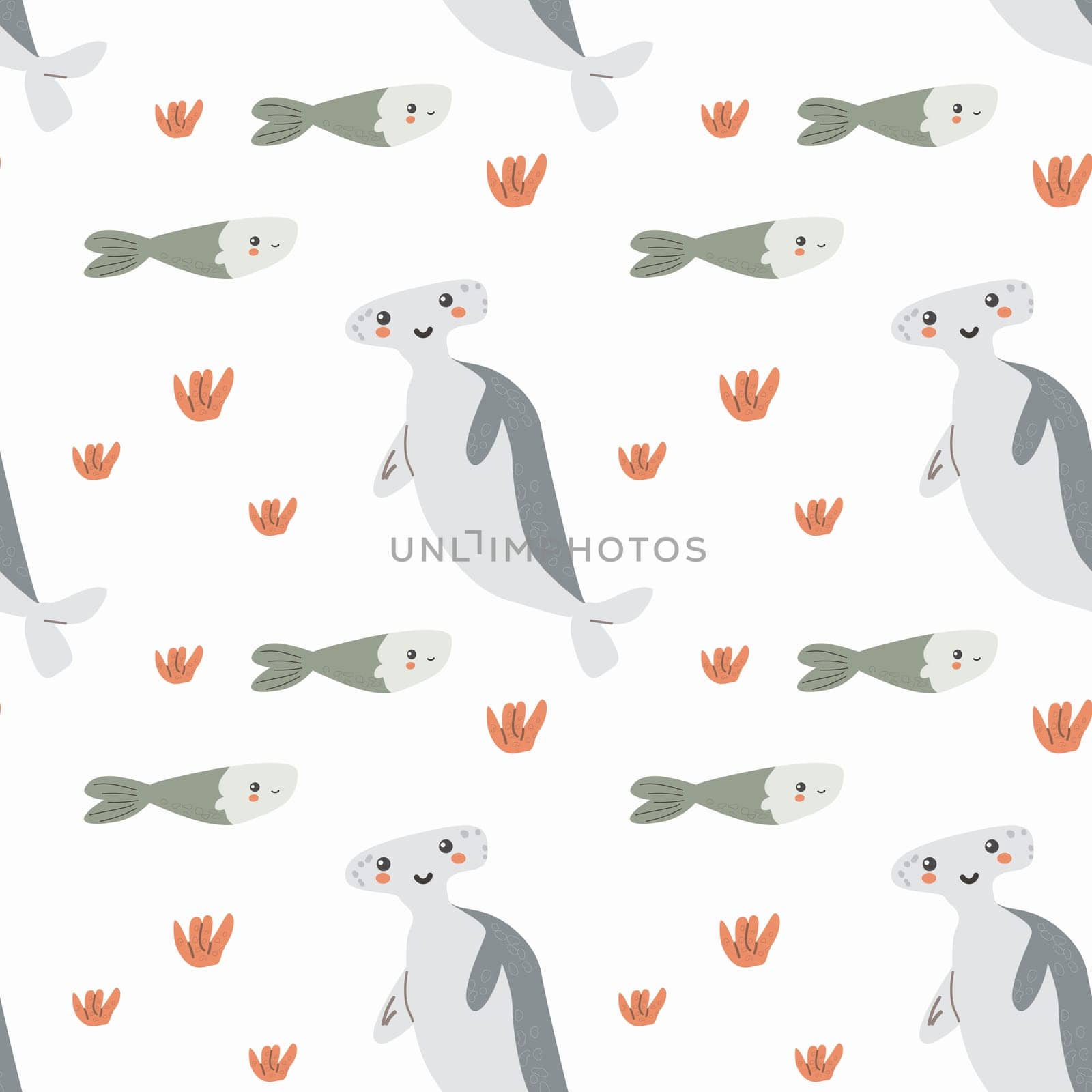 Childrens sea animals pattern, childish ocean marine life seamless background. Nursery baby animals print. Underwater inhabitants collection background for kids textile, clothes, wallpapers.