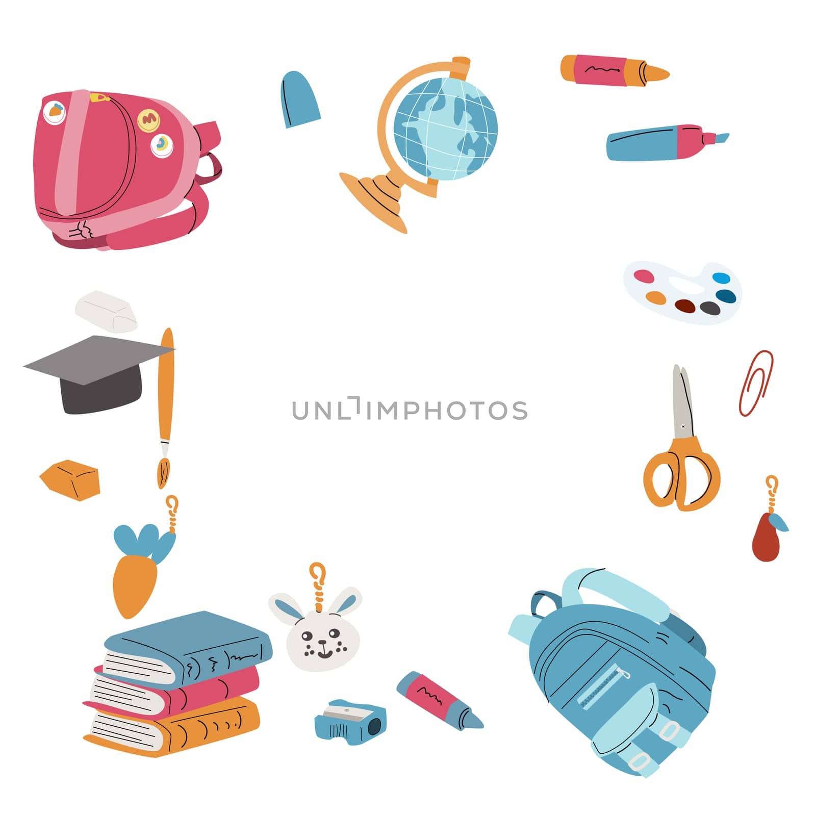 Back to school, kindergarten banner or frame. Children school elements, pencils background with copy space. Children supplies, cute design. Can used for poster, sale banner.