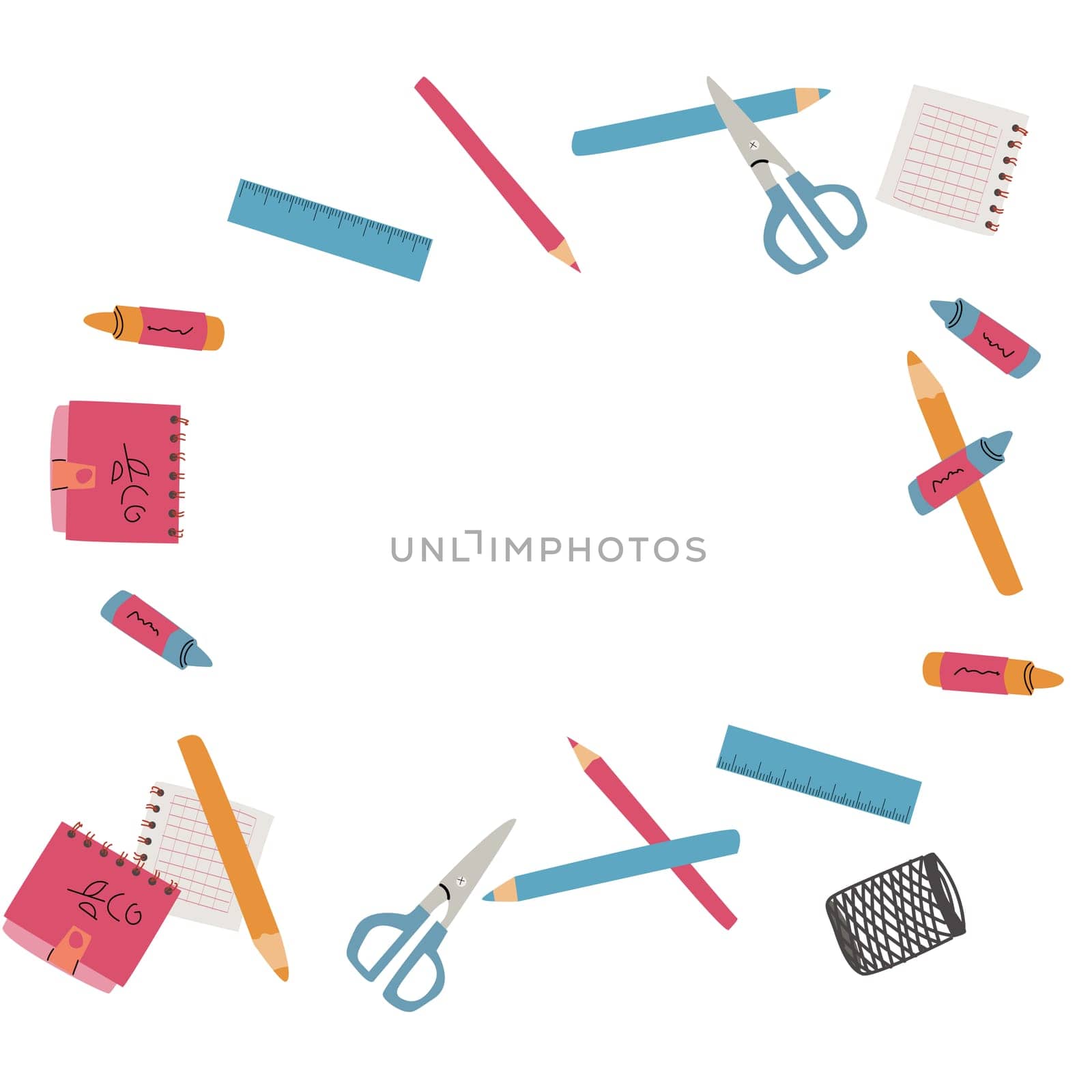 Back to school, kindergarten banner or frame. Children school elements, pencils background with copy space. Children supplies, cute design. Can used for poster, sale banner.