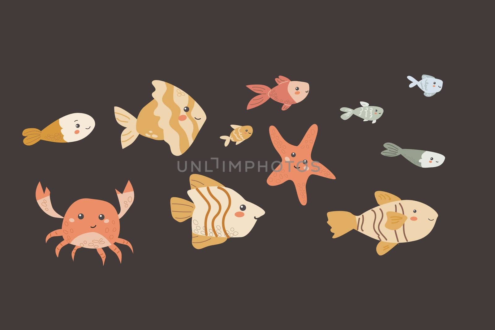 Cute childrens sea animals set. Marine underwater elements collection. Ocean inhabitants set of fish, crab and other cute characters. Wild aquatic creatures in childish naive hand drawn style.