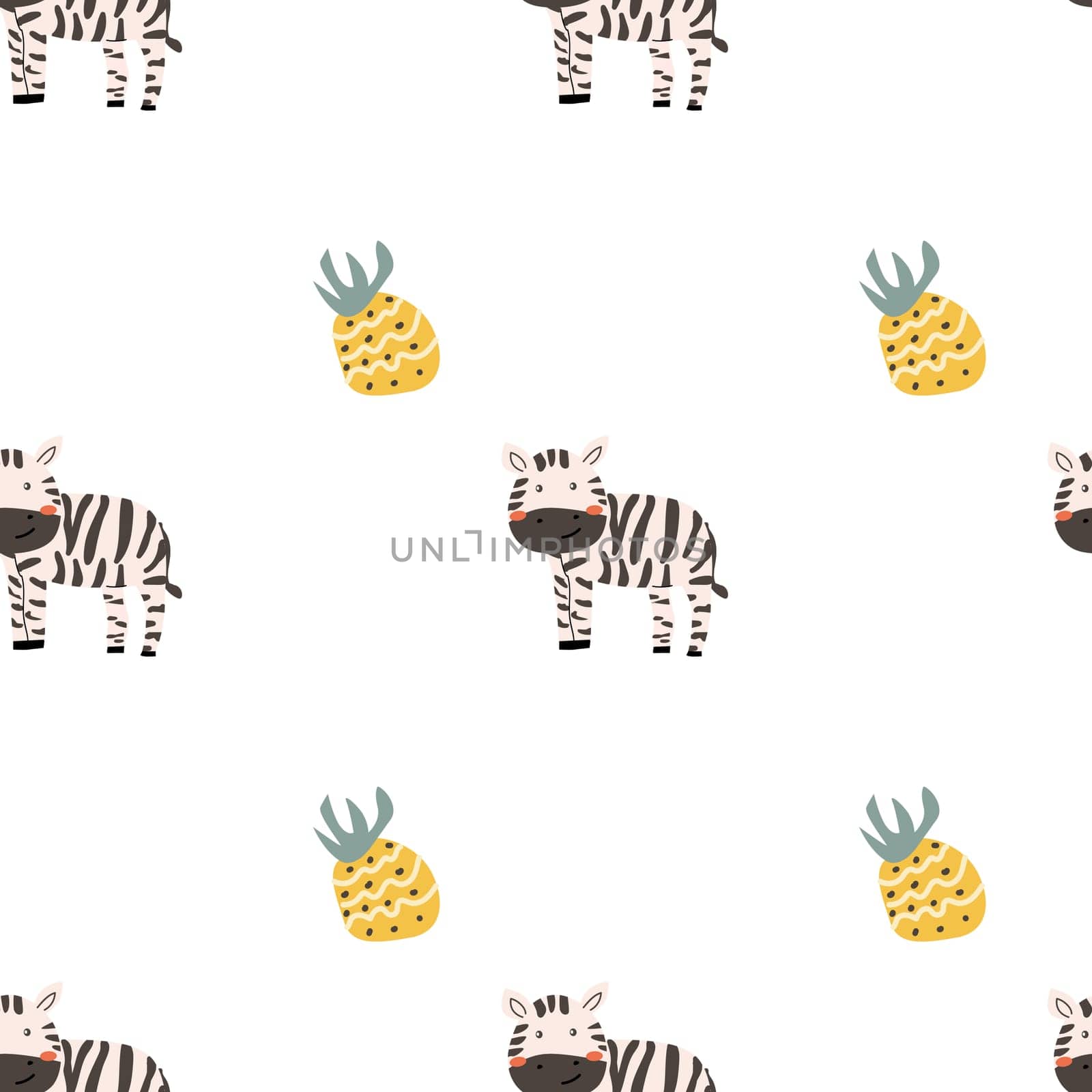 Childrens animals pattern with tropical plants. Childish cute print design with african animals and palm and hand drawn elements. Kids nursery scandinavian cartoon characters.