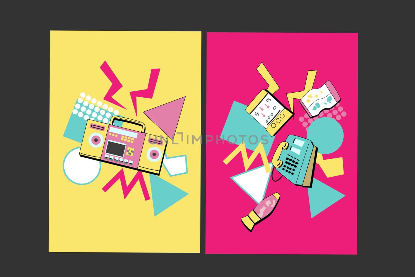90s music background. Retro disco posters set with y2k or 00s elements. Game or music equipment, laptop from 90s. Bright background for social network.