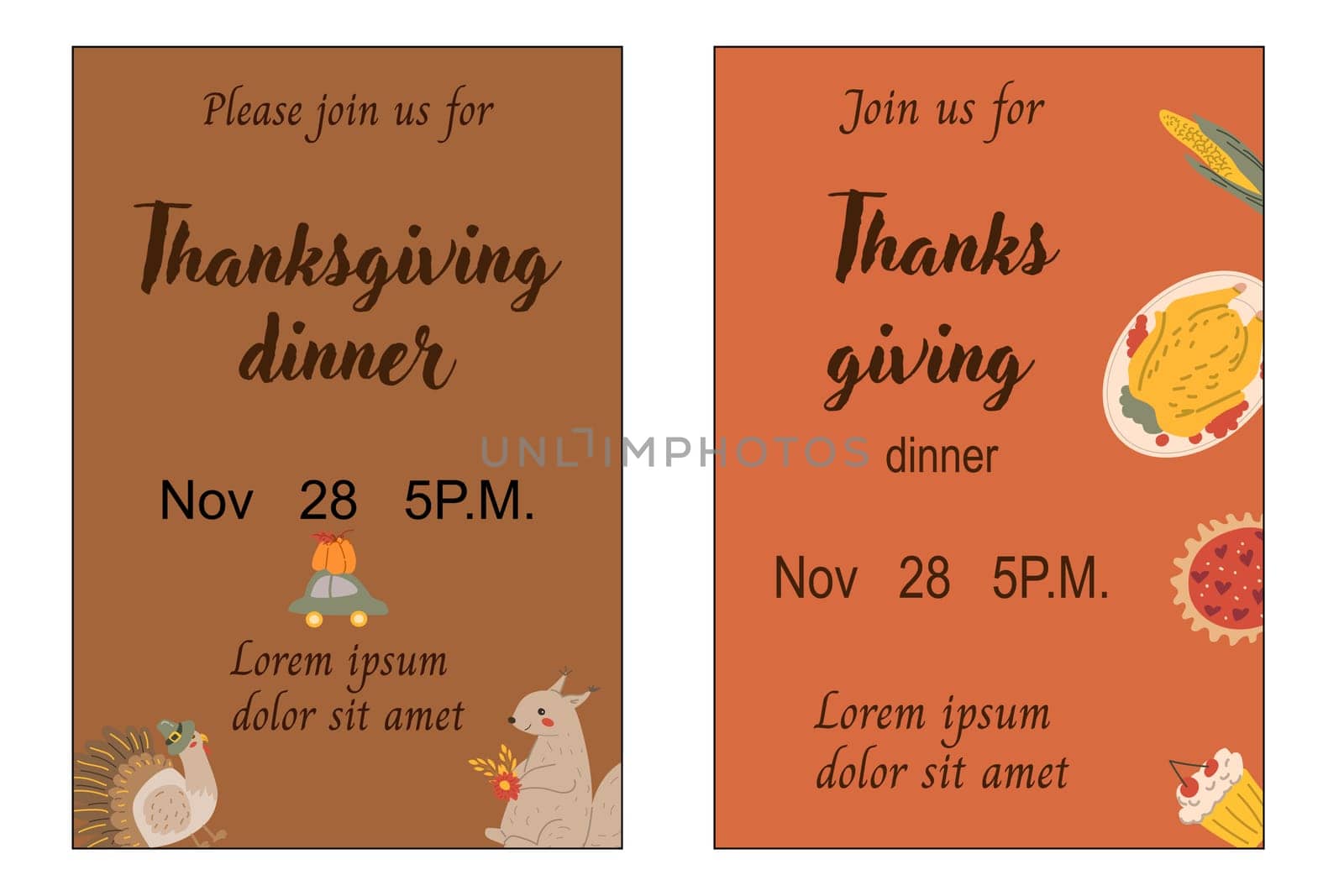 Fall thanksgiving invitation set. Autumn turkey day holiday posters. Invite to dinner, seasonal party thanksgiving template. Hand drawn autumn fall thanksgiving backgrounds collections.