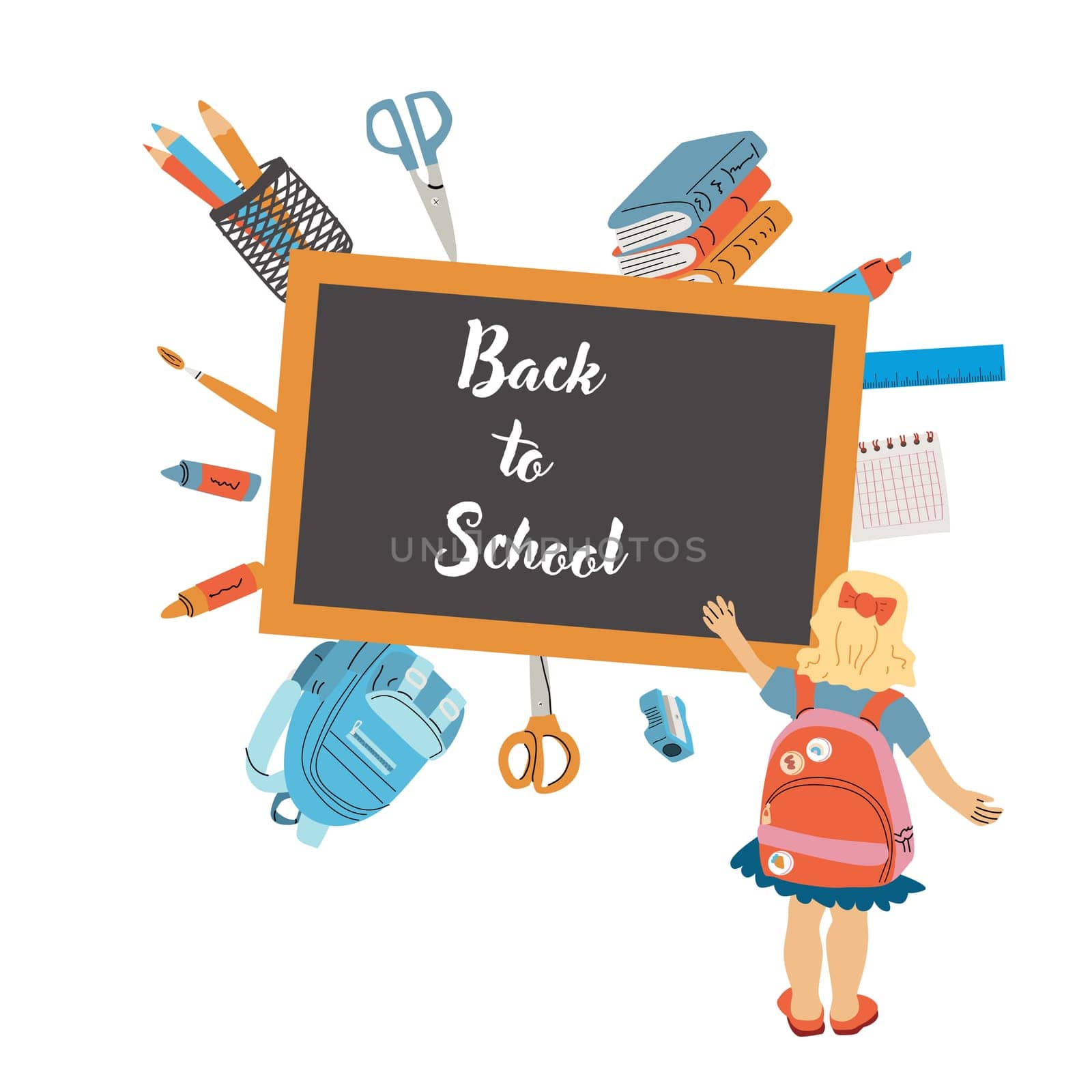 Back to school, kindergarten banner or frame. Children school elements, pencils background with copy space. Children supplies, cute design. Can used for poster, sale banner.