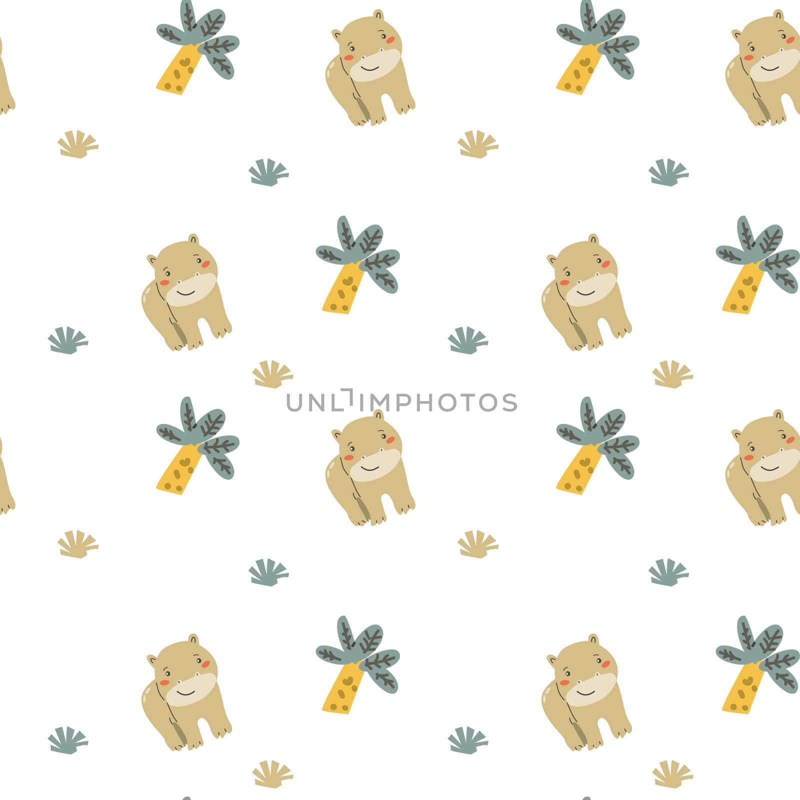 Childrens animals pattern with tropical plants. Childish cute print design with african animals and palm and hand drawn elements. Kids nursery scandinavian cartoon characters.
