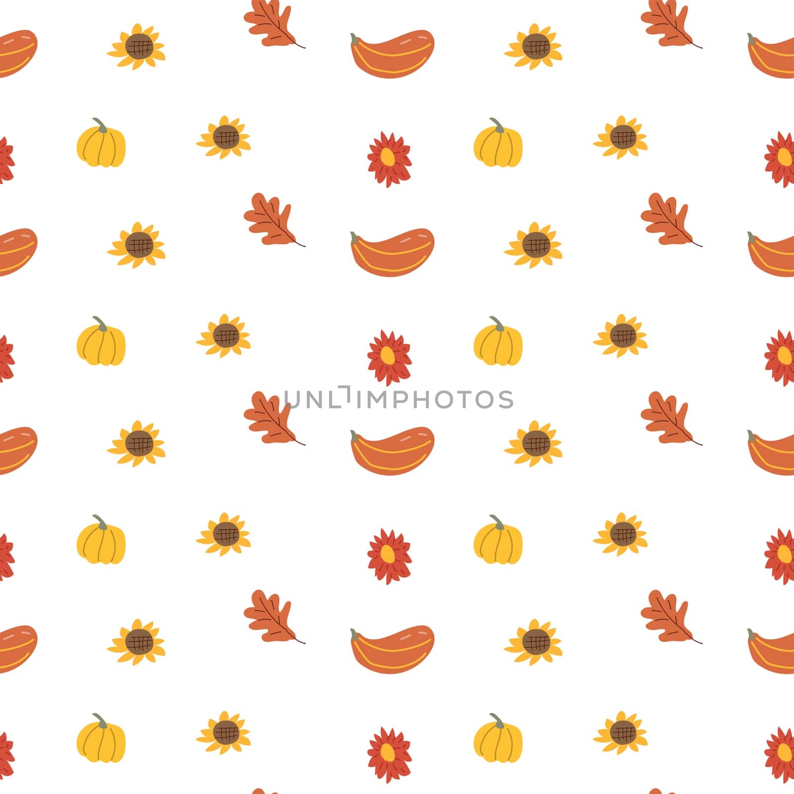 Fall thanksgiving pattern with autumn leaves and plants, animals. Cute fabric design. Thanksgiving day seamless background in traditional colors for clothes, textile, wrapping papers. Cute elements.