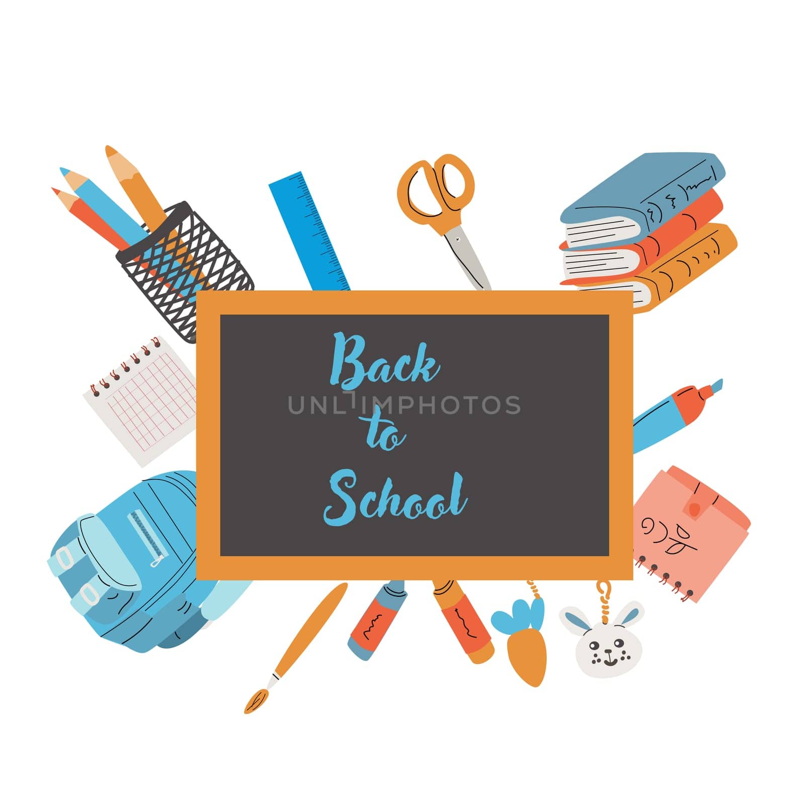 Back to school, kindergarten banner or frame. Children school elements, pencils background with copy space. Children supplies, cute design. Can used for poster, sale banner.