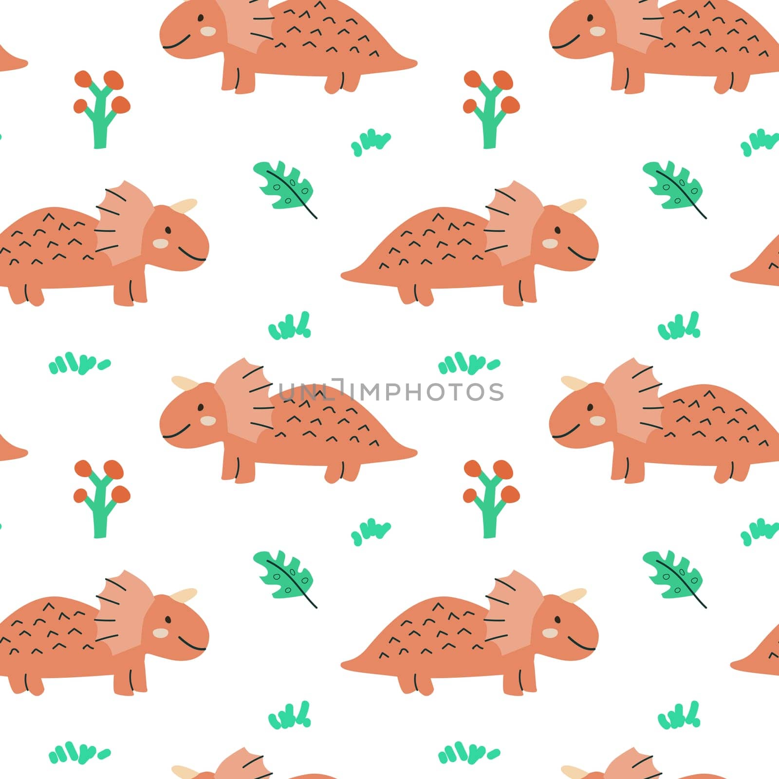 Childrens animals pattern of cute baby dinosaurs collection. For textile. Nursery design. Childrens dinosaurs background with tropical tree. Childish animals pattern, hand drawn elements.