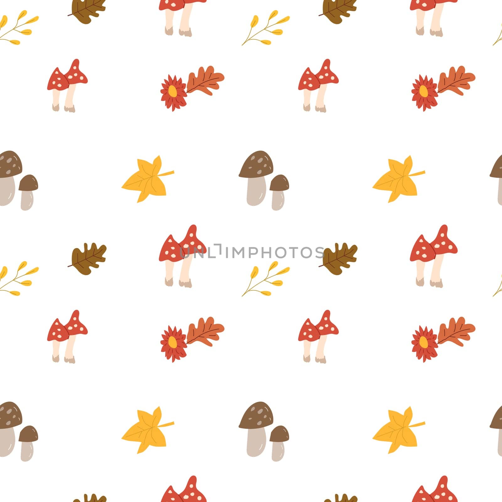 Fall thanksgiving pattern with autumn leaves and plants, animals. Cute fabric design. Thanksgiving day seamless background in traditional colors for clothes, textile, wrapping papers. Cute elements.