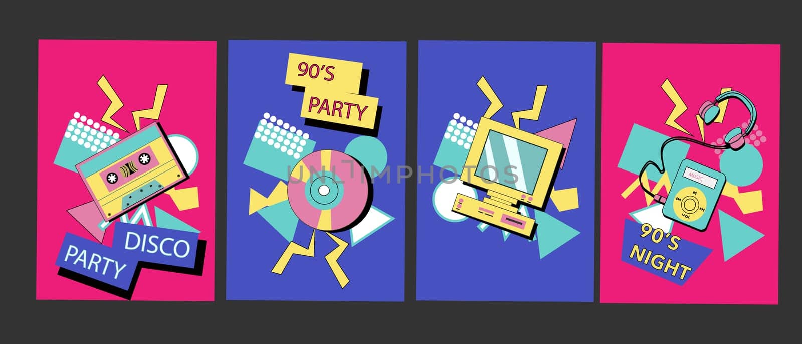 90s music background. Retro disco posters set with y2k or 00s elements. Game or music equipment, laptop from 90s. Bright background for social network.