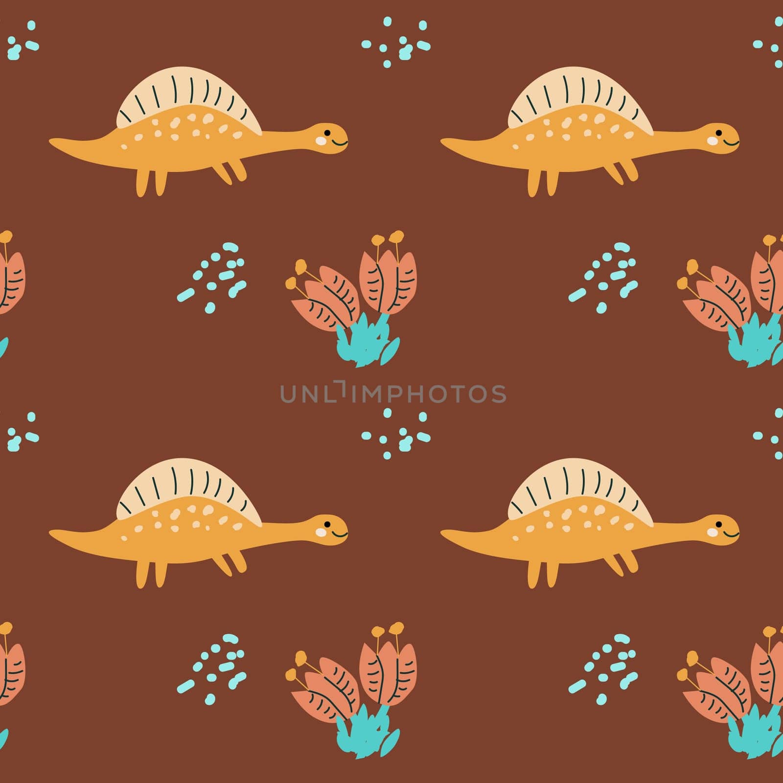 Childrens animals pattern of cute baby dinosaurs collection. For textile. Nursery design. Childrens dinosaurs background with tropical tree. Childish animals pattern, hand drawn elements.