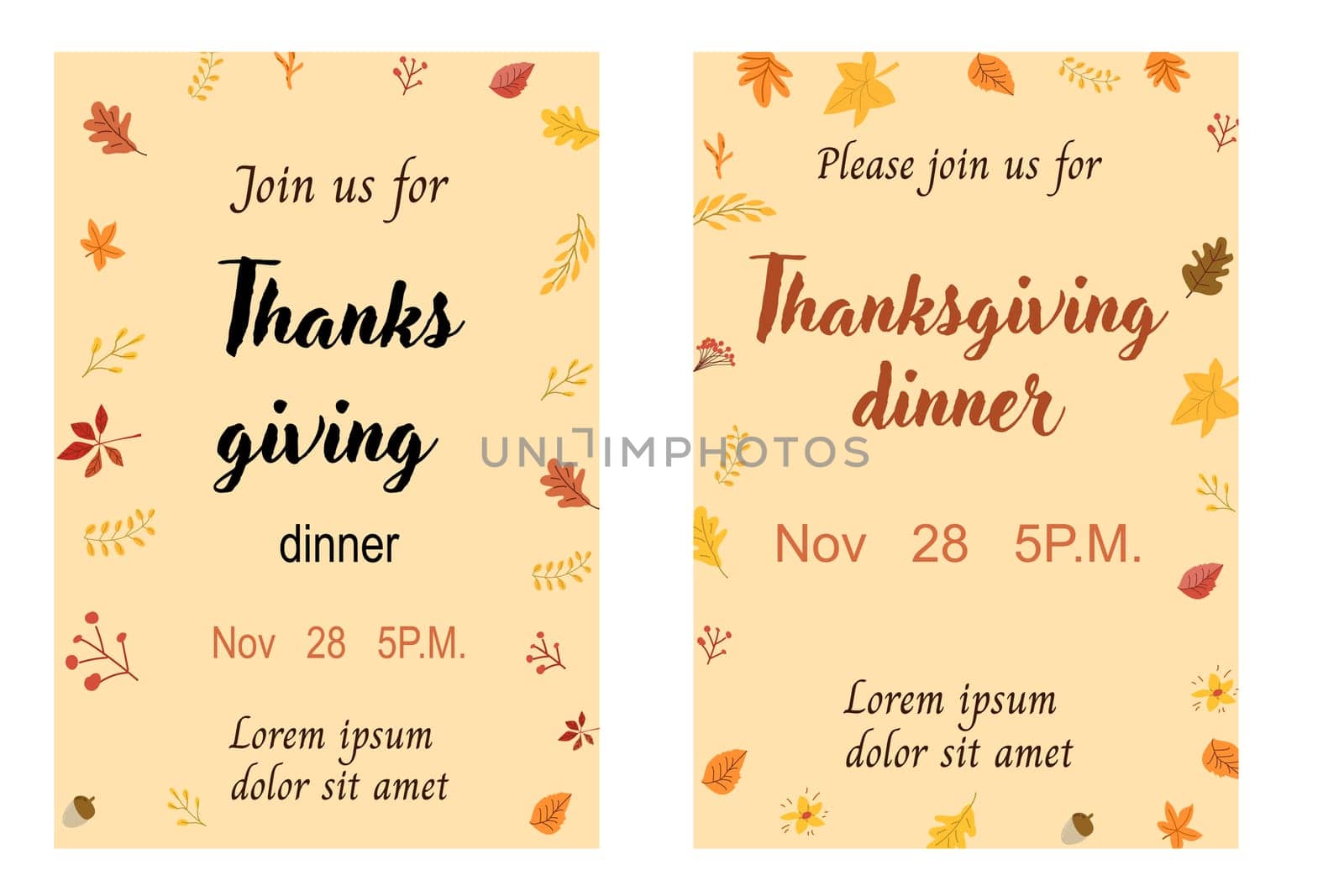 Fall thanksgiving invitation set. Autumn turkey day holiday posters. Invite to dinner, seasonal party thanksgiving template. Hand drawn autumn fall thanksgiving backgrounds collections.
