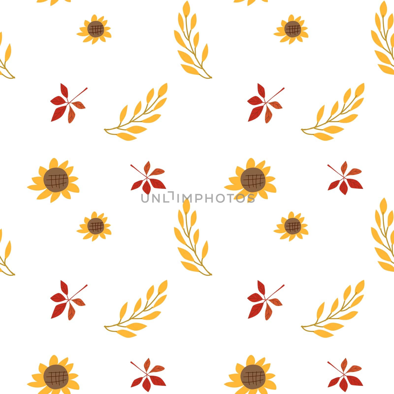 Fall thanksgiving pattern with autumn leaves and plants, animals. Cute fabric design. Thanksgiving day seamless background in traditional colors for clothes, textile, wrapping papers. Cute elements.