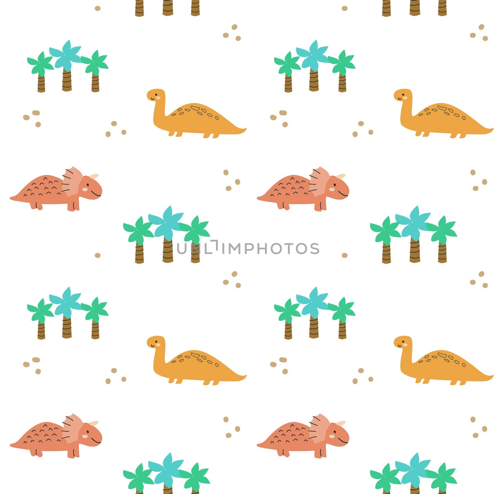Childrens animals pattern of cute baby dinosaurs collection. For textile. Nursery design. Childrens dinosaurs background with tropical tree. Childish animals pattern, hand drawn elements.