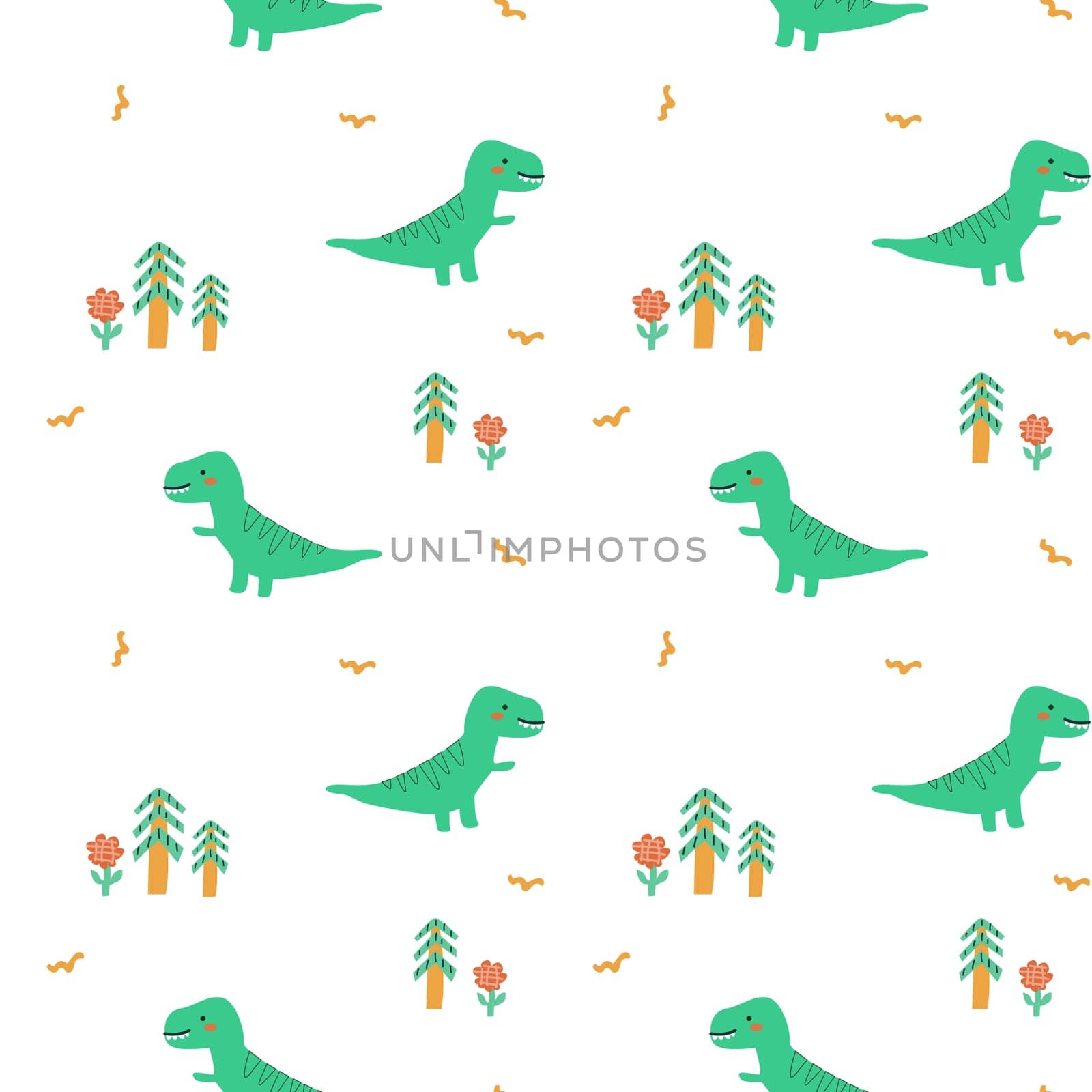 Childrens animals pattern of cute baby dinosaurs collection. For textile. Nursery design. Childrens dinosaurs background with tropical tree. Childish animals pattern, hand drawn elements.