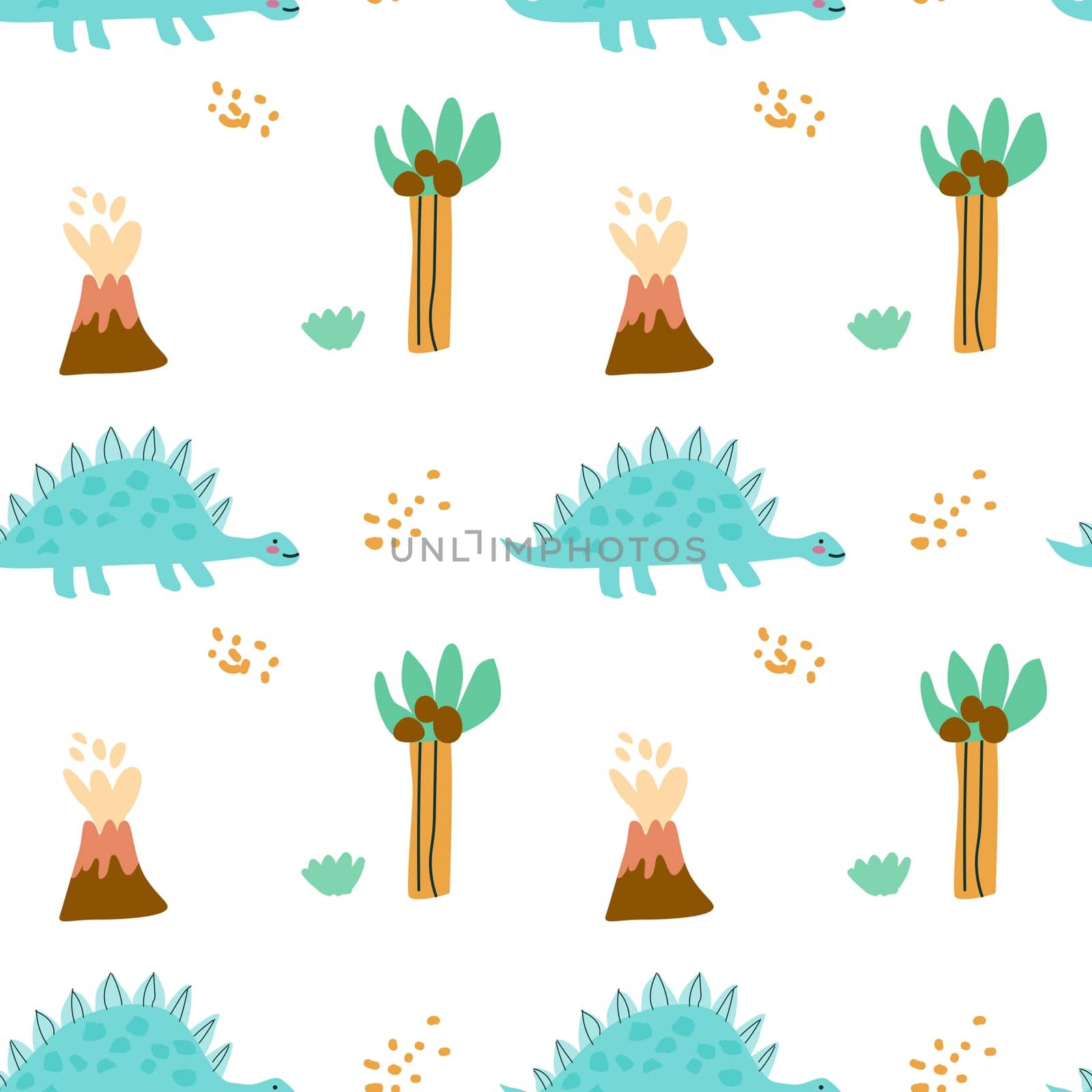 Childrens animals pattern of cute baby dinosaurs collection. For textile. Nursery design. Childrens dinosaurs background with tropical tree. Childish animals pattern, hand drawn elements.