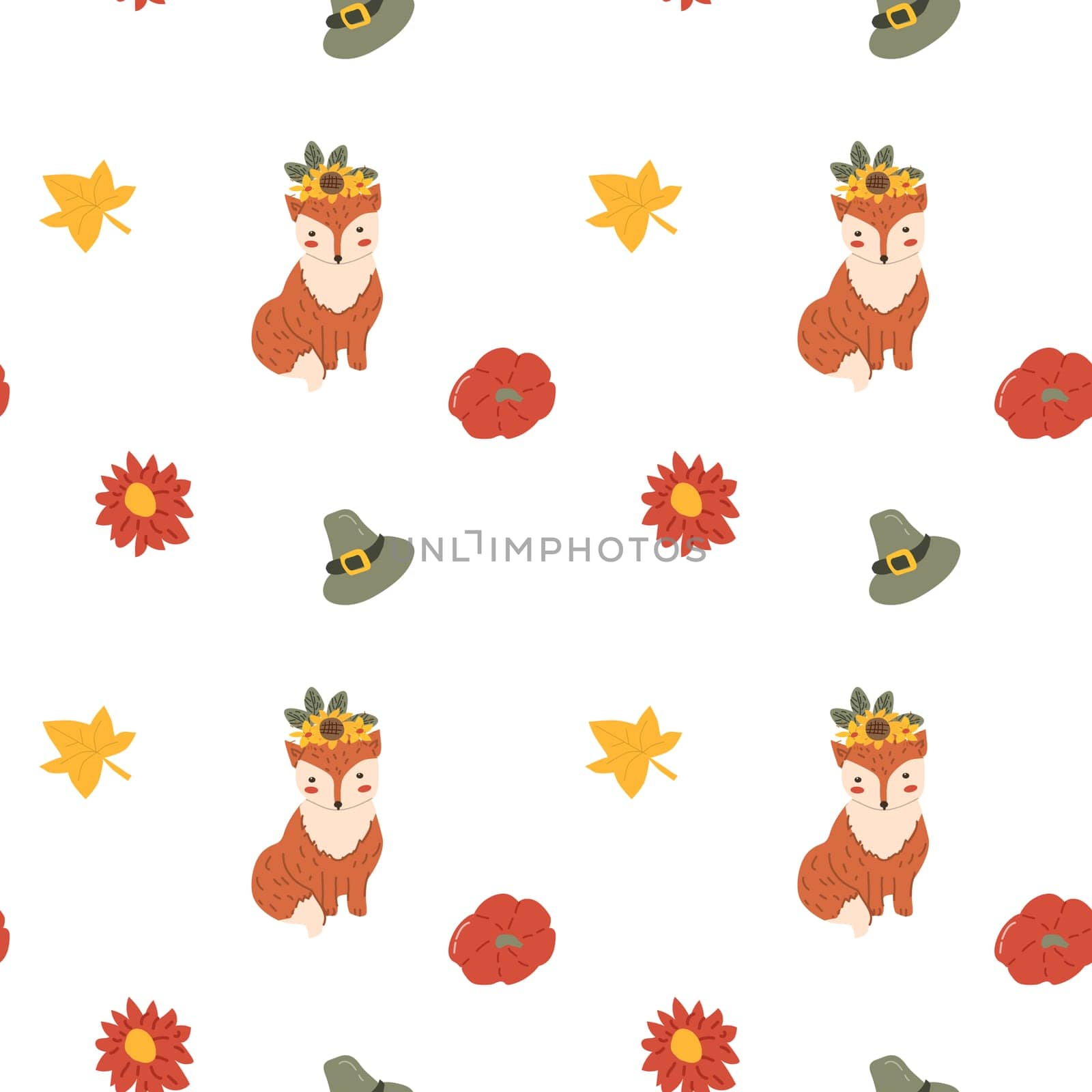 Fall thanksgiving pattern with autumn leaves and plants, animals. Cute fabric design. Thanksgiving day seamless background in traditional colors for clothes, textile, wrapping papers. Cute elements.