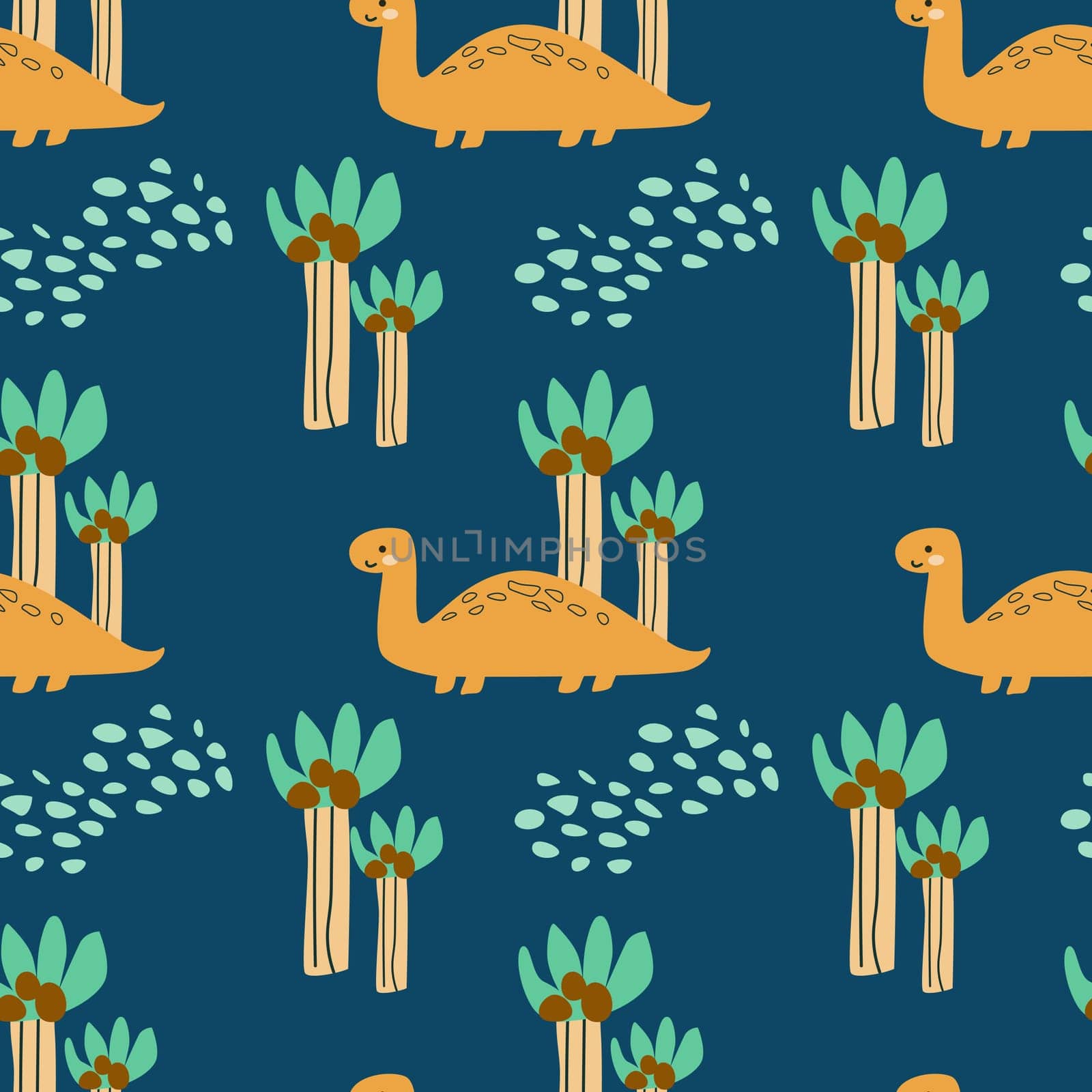 Childrens animals pattern of cute baby dinosaurs collection. For textile. Nursery design. Childrens dinosaurs background with tropical tree. Childish animals pattern, hand drawn elements.