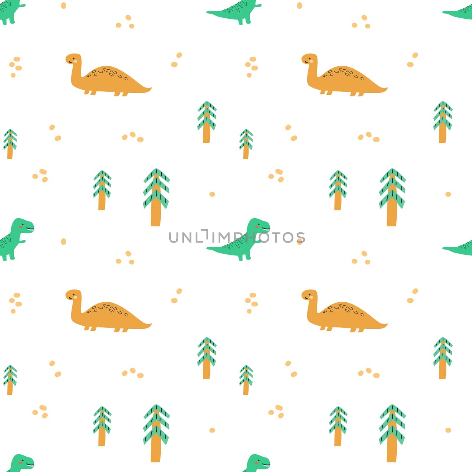 Childrens animals pattern of cute baby dinosaurs collection. For textile. Nursery design. Childrens dinosaurs background with tropical tree. Childish animals pattern, hand drawn elements.