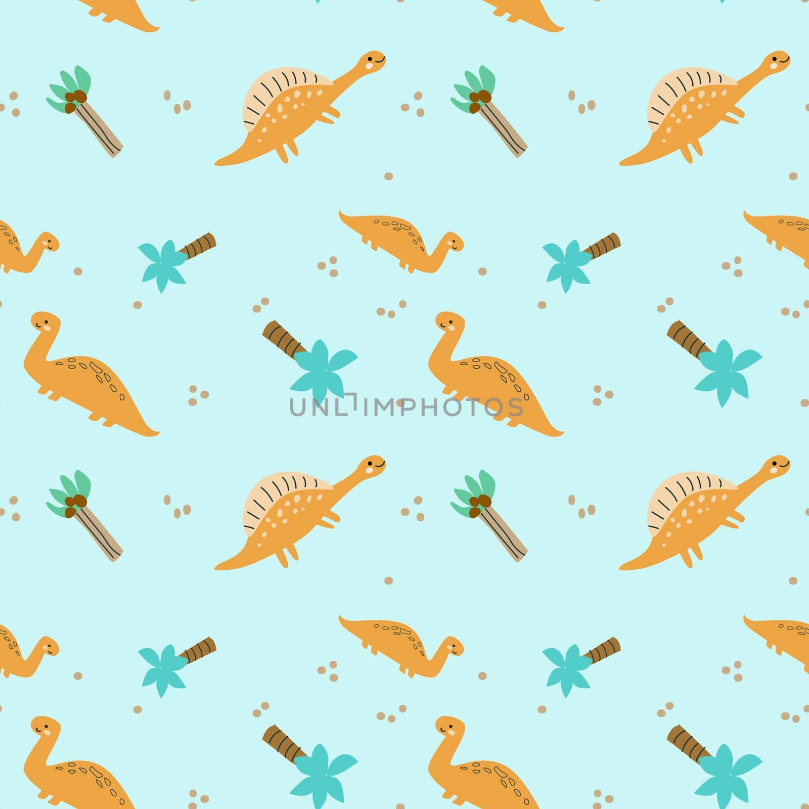 Childrens animals pattern of cute baby dinosaurs collection. For textile. Nursery design. Childrens dinosaurs background with tropical tree. Childish animals pattern, hand drawn elements.