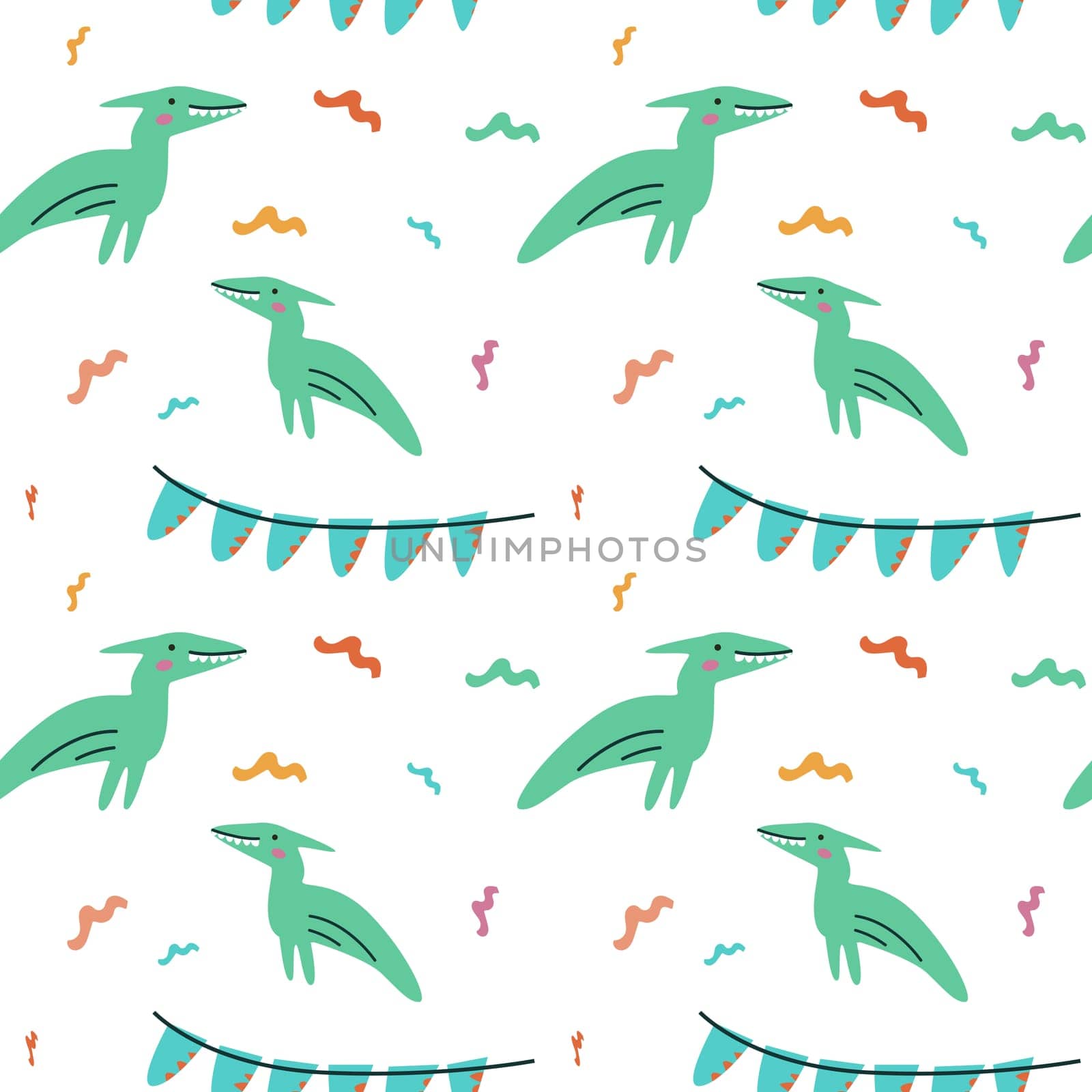 Childrens animals pattern of cute baby dinosaurs collection. For textile. Nursery design. Childrens dinosaurs background with tropical tree. Childish animals pattern, hand drawn elements.