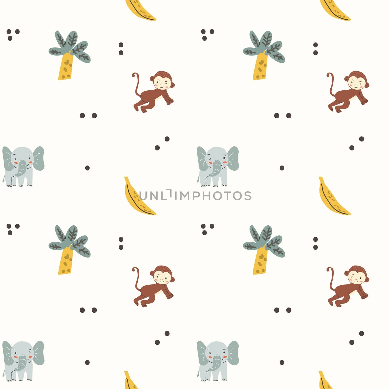 Childrens animals pattern with tropical plants. Childish cute print design with african animals and palm and hand drawn elements. Kids nursery scandinavian cartoon characters.