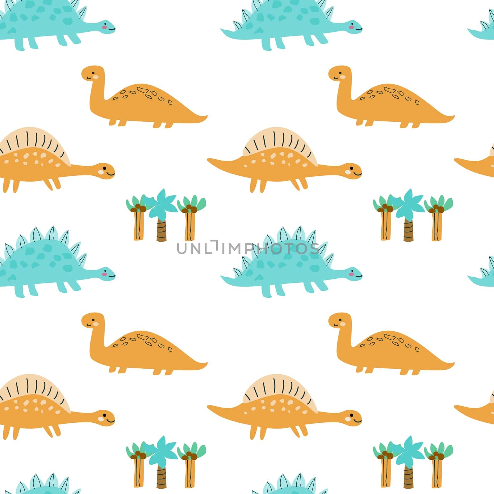 Childrens animals pattern of cute baby dinosaurs collection. For textile. Nursery design. Childrens dinosaurs background with tropical tree. Childish animals pattern, hand drawn elements.