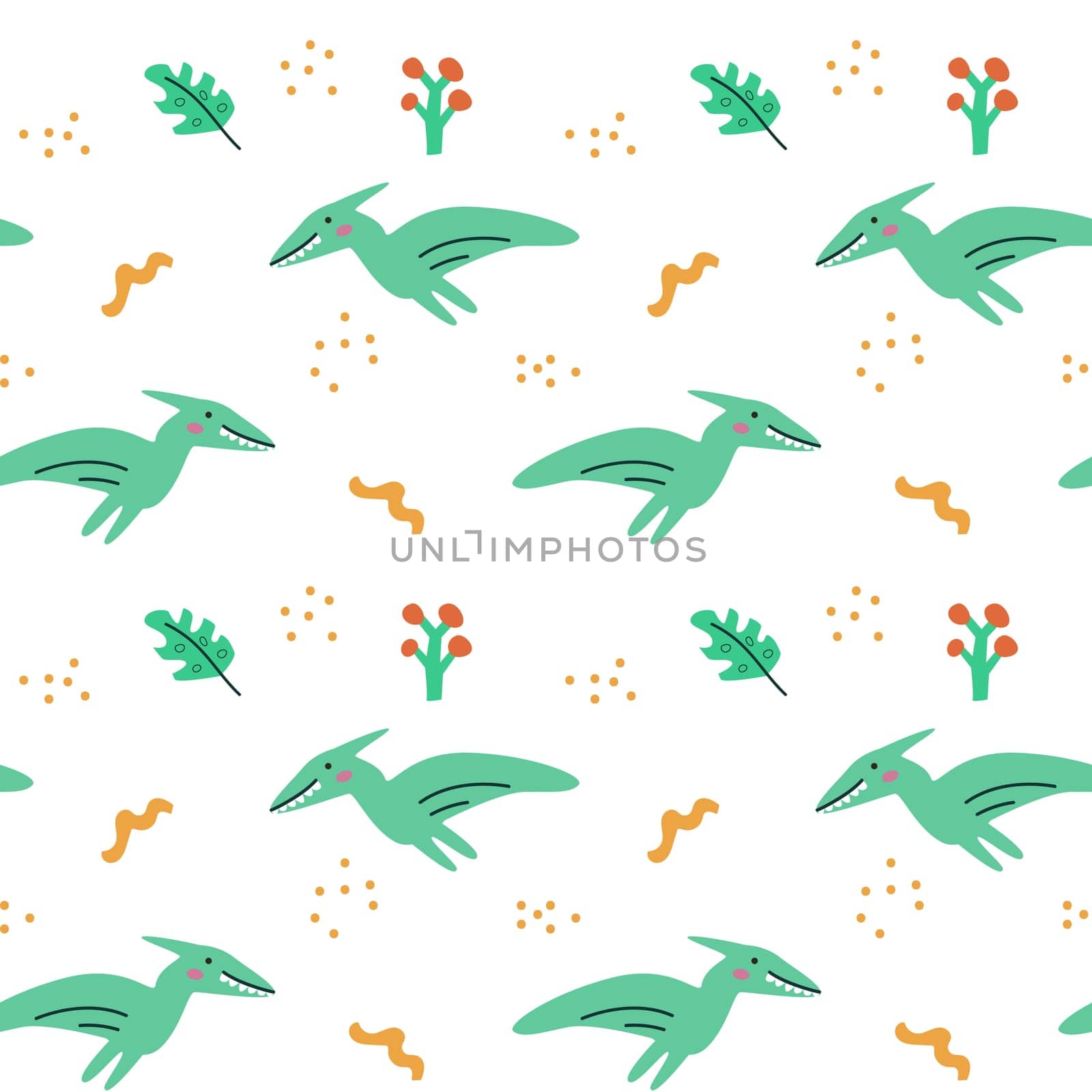 Childrens animals pattern of cute baby dinosaurs collection. For textile. Nursery design. Childrens dinosaurs background with tropical tree. Childish animals pattern, hand drawn elements.