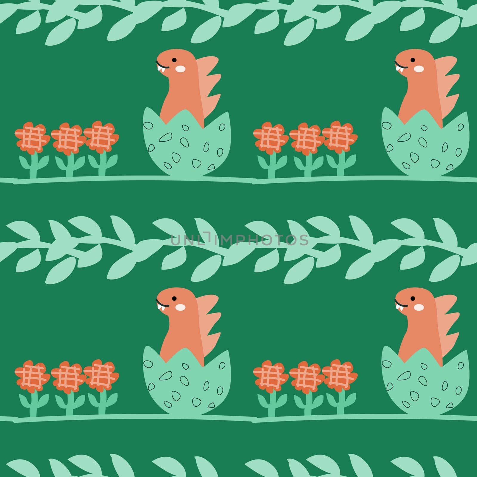 Childrens animals pattern of cute baby dinosaurs collection. For textile. Nursery design. Childrens dinosaurs background with tropical tree. Childish animals pattern, hand drawn elements.