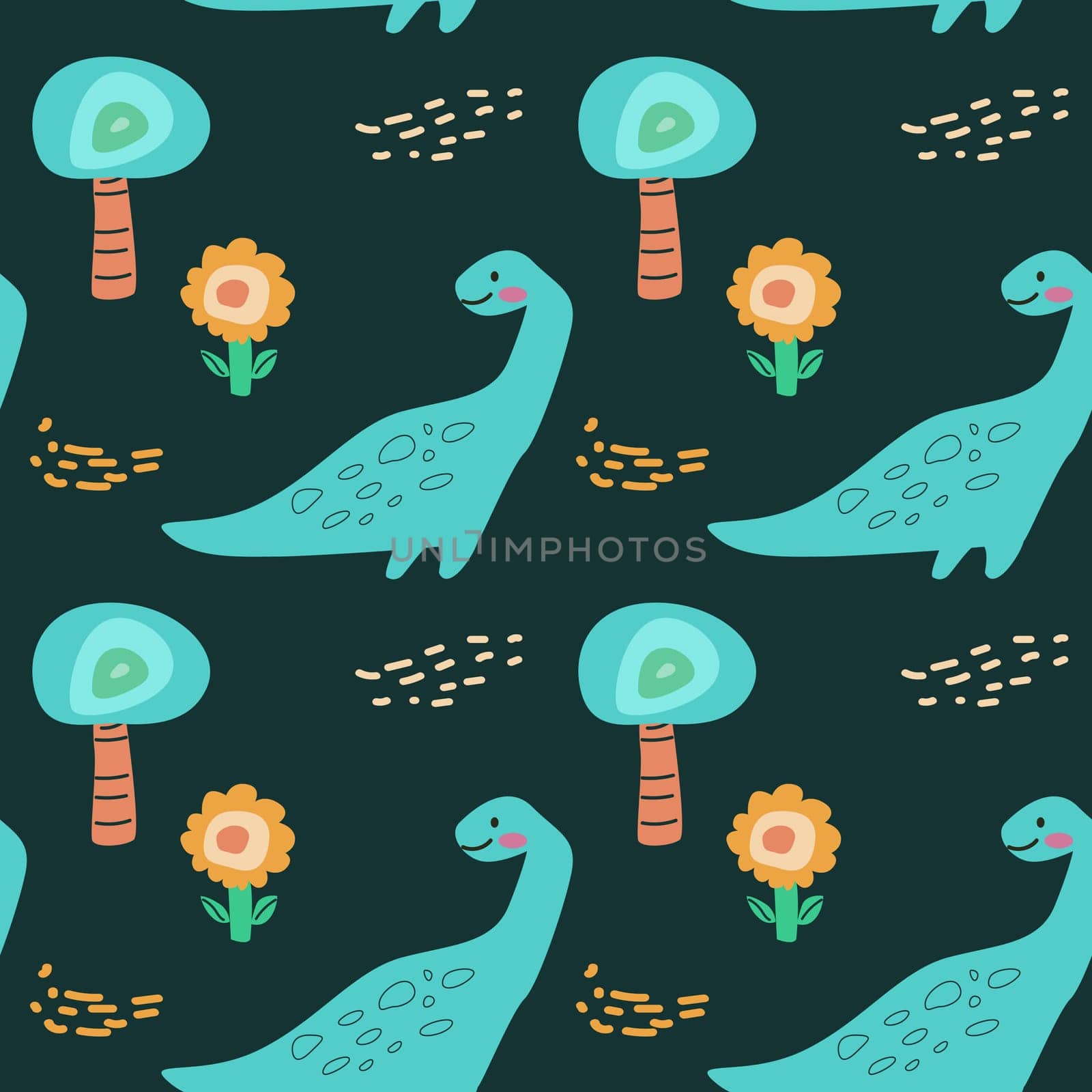 Childrens animals pattern of cute baby dinosaurs collection. For textile. Nursery design. Childrens dinosaurs background with tropical tree. Childish animals pattern, hand drawn elements.