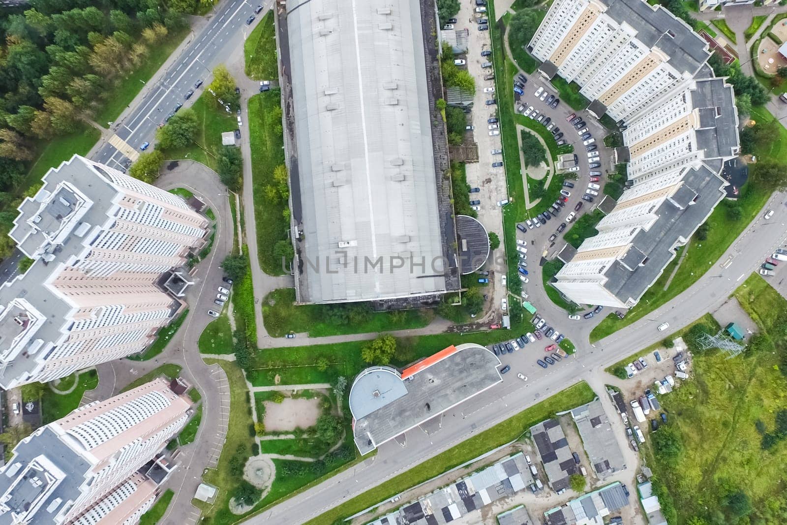 Top view of the city of Moscow, buildings and roads and other infrastructure of the city. Cityscape view from above.