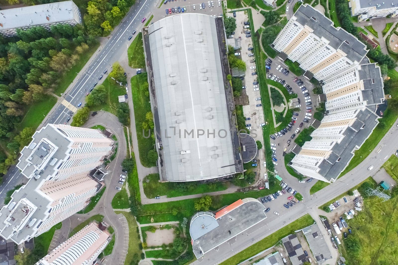 Top view of the city of Moscow, buildings and roads and other infrastructure of the city. Cityscape view from above.