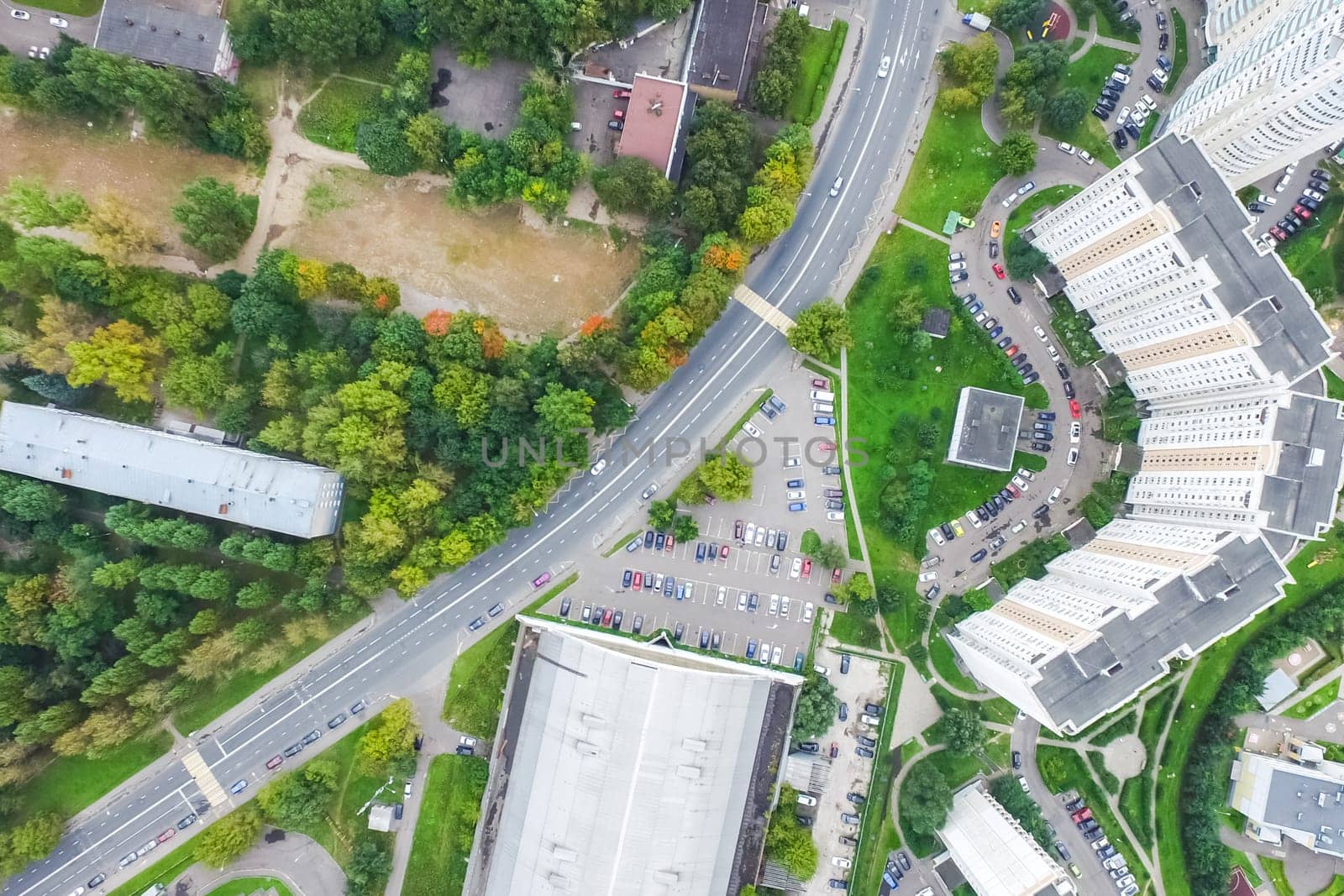 Top view of the city of Moscow, buildings and roads and other infrastructure of the city. Cityscape view from above.