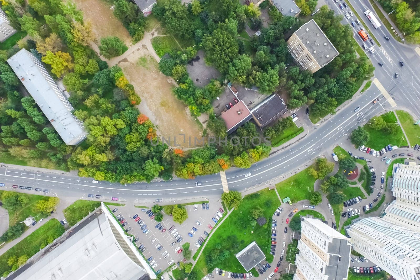 Top view of the city of Moscow, buildings and roads and other infrastructure of the city. Cityscape view from above.