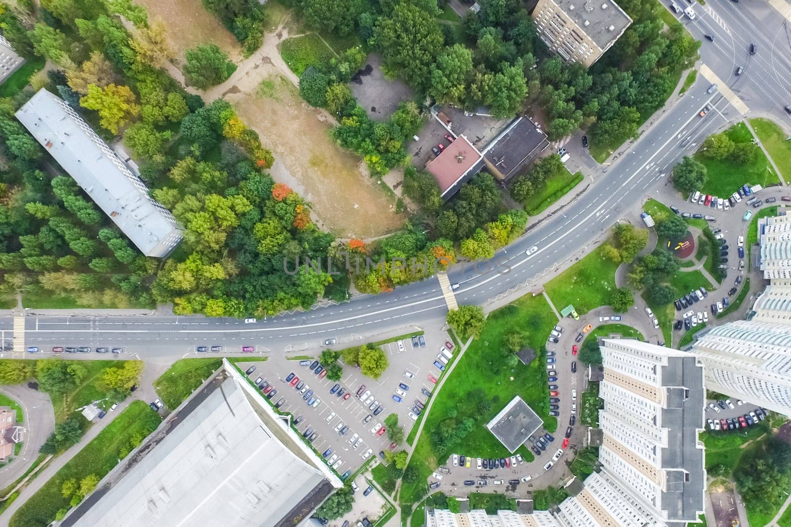 Top view of the city of Moscow, buildings and roads and other infrastructure of the city. Cityscape view from above.