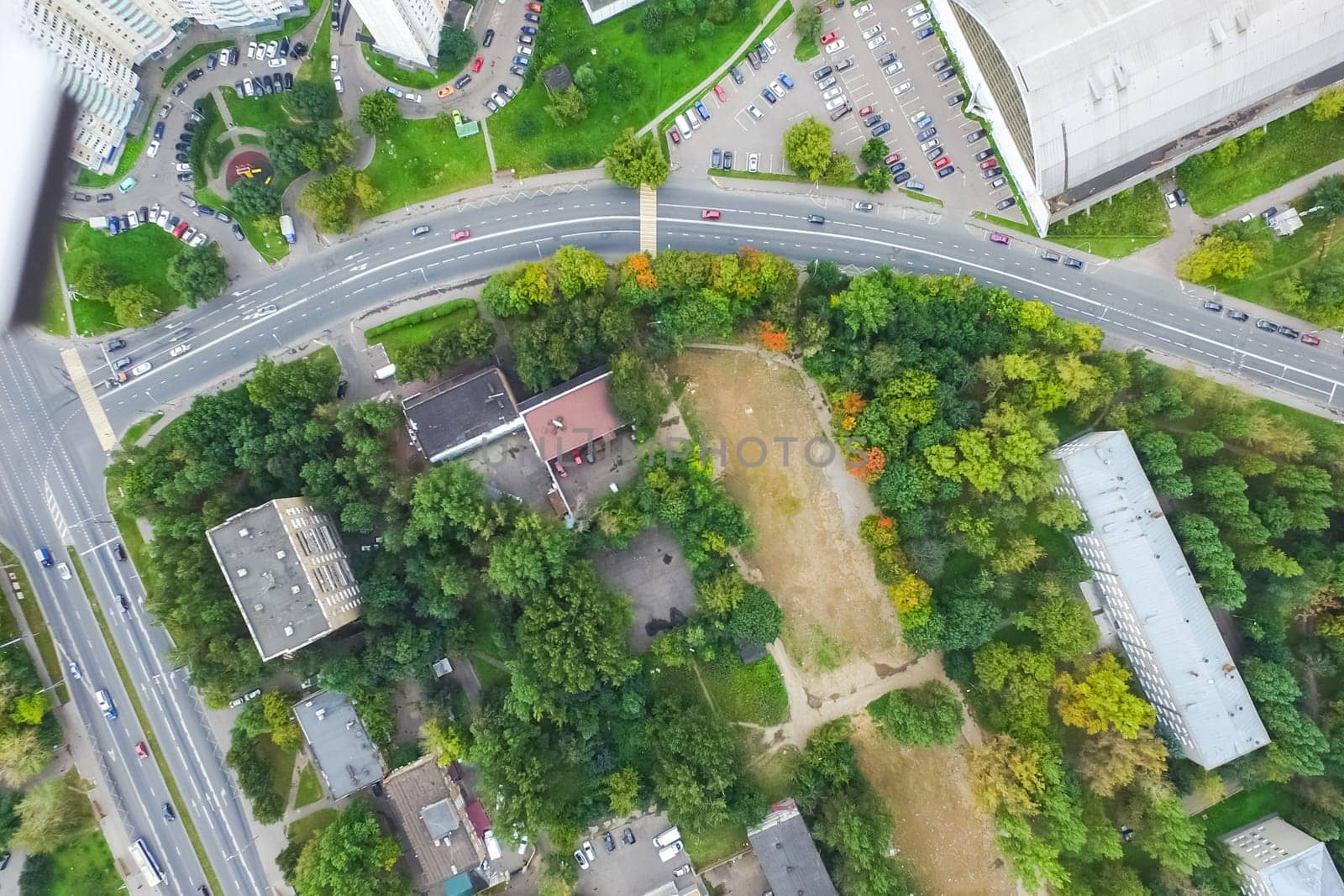 Top view of the city of Moscow, buildings and roads and other infrastructure of the city. Cityscape view from above.