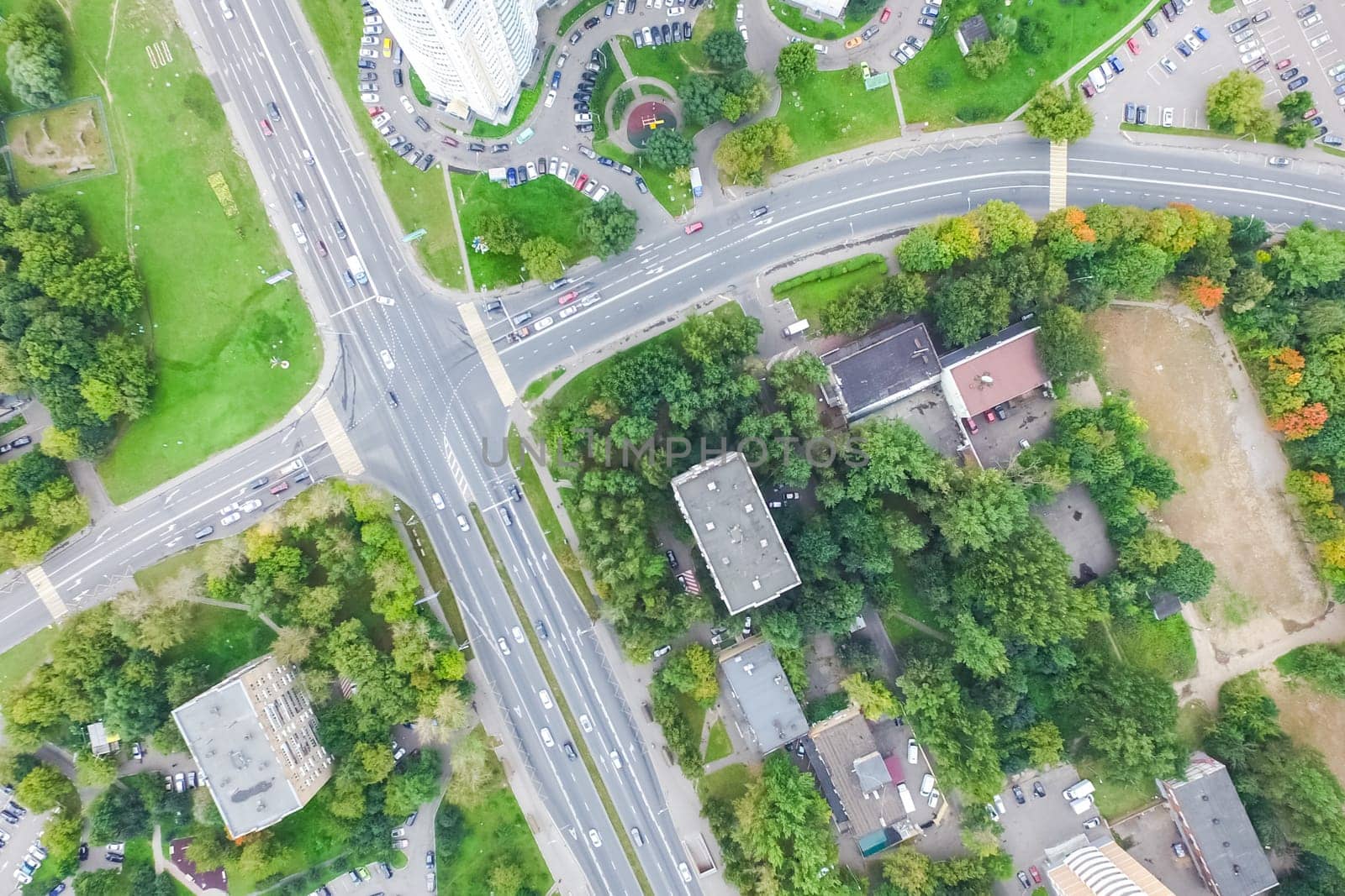 Top view of the city of Moscow, buildings and roads and other infrastructure of the city. Cityscape view from above.