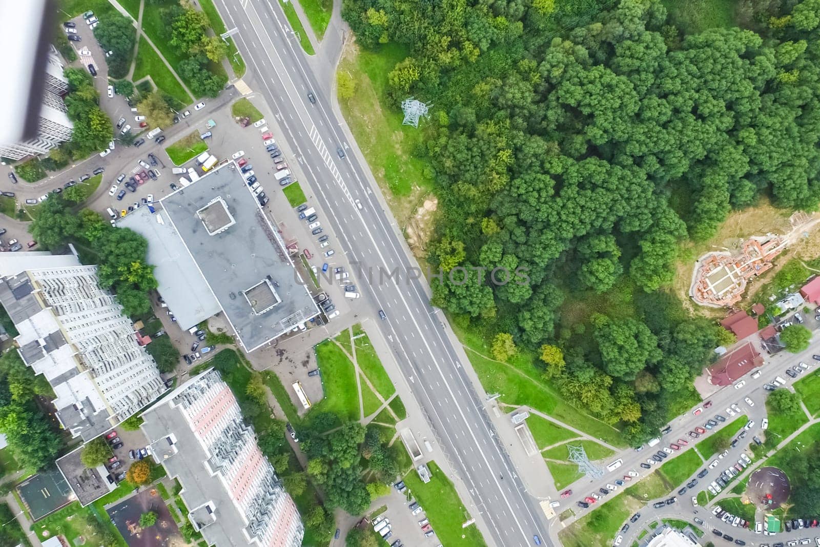 Top view of the city of Moscow, buildings and roads and other infrastructure of the city. Cityscape view from above.