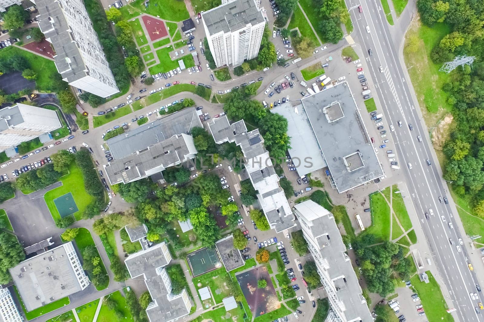 Top view of the city of Moscow, buildings and roads and other infrastructure of the city. Cityscape view from above.