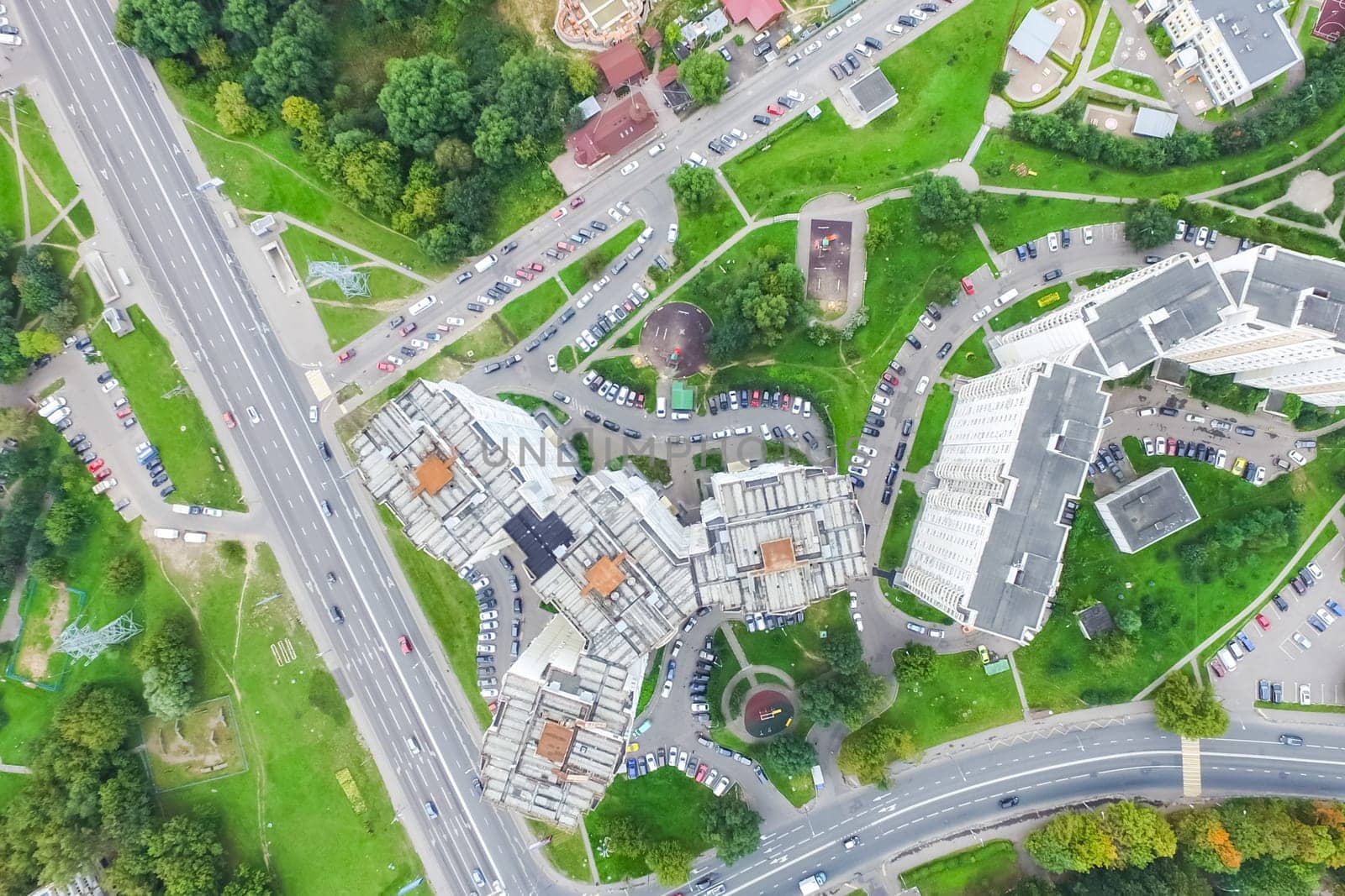 Top view of the city of Moscow, buildings and roads and other infrastructure of the city. Cityscape view from above.