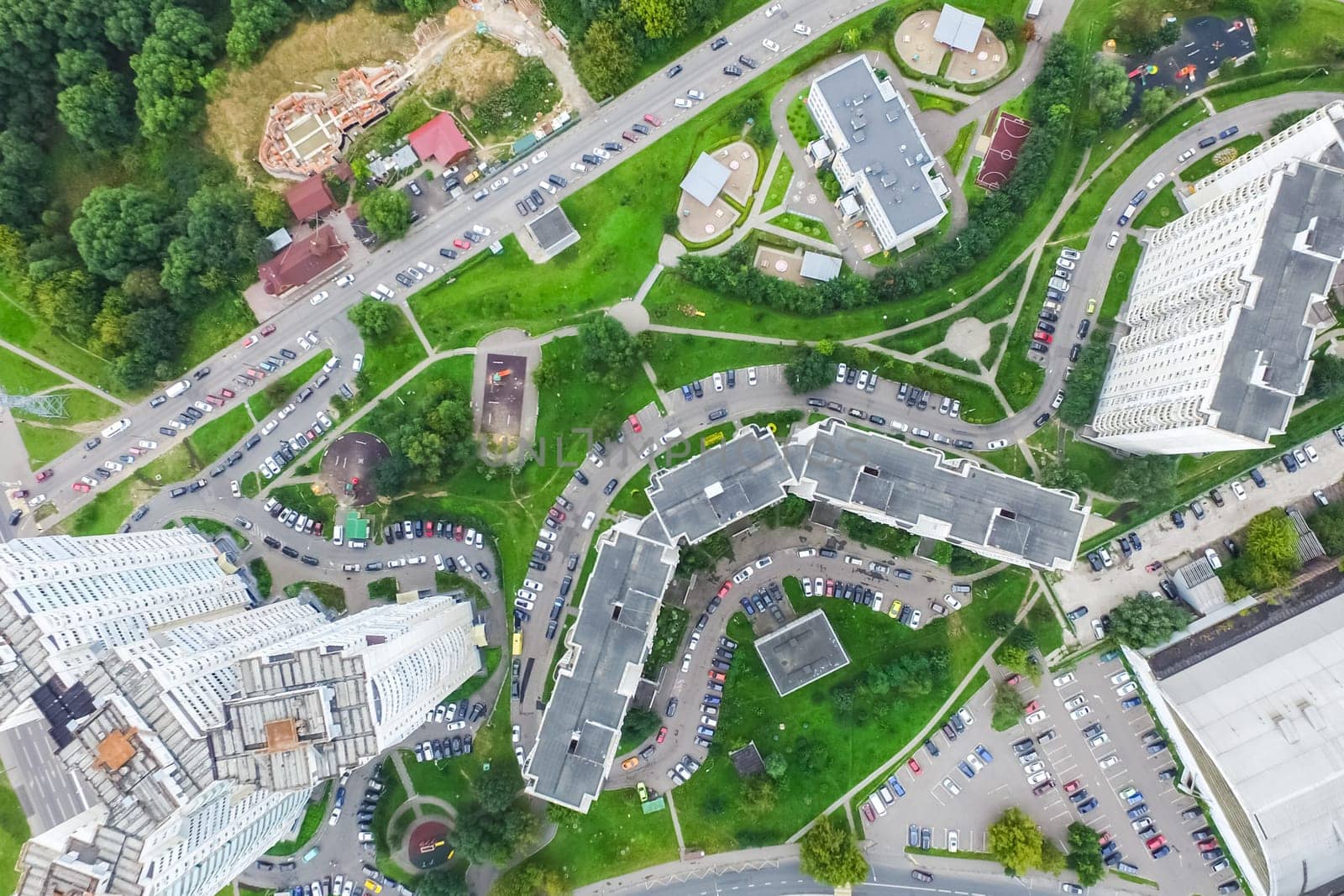 Top view of the city of Moscow, buildings and roads and other infrastructure of the city. Cityscape view from above.